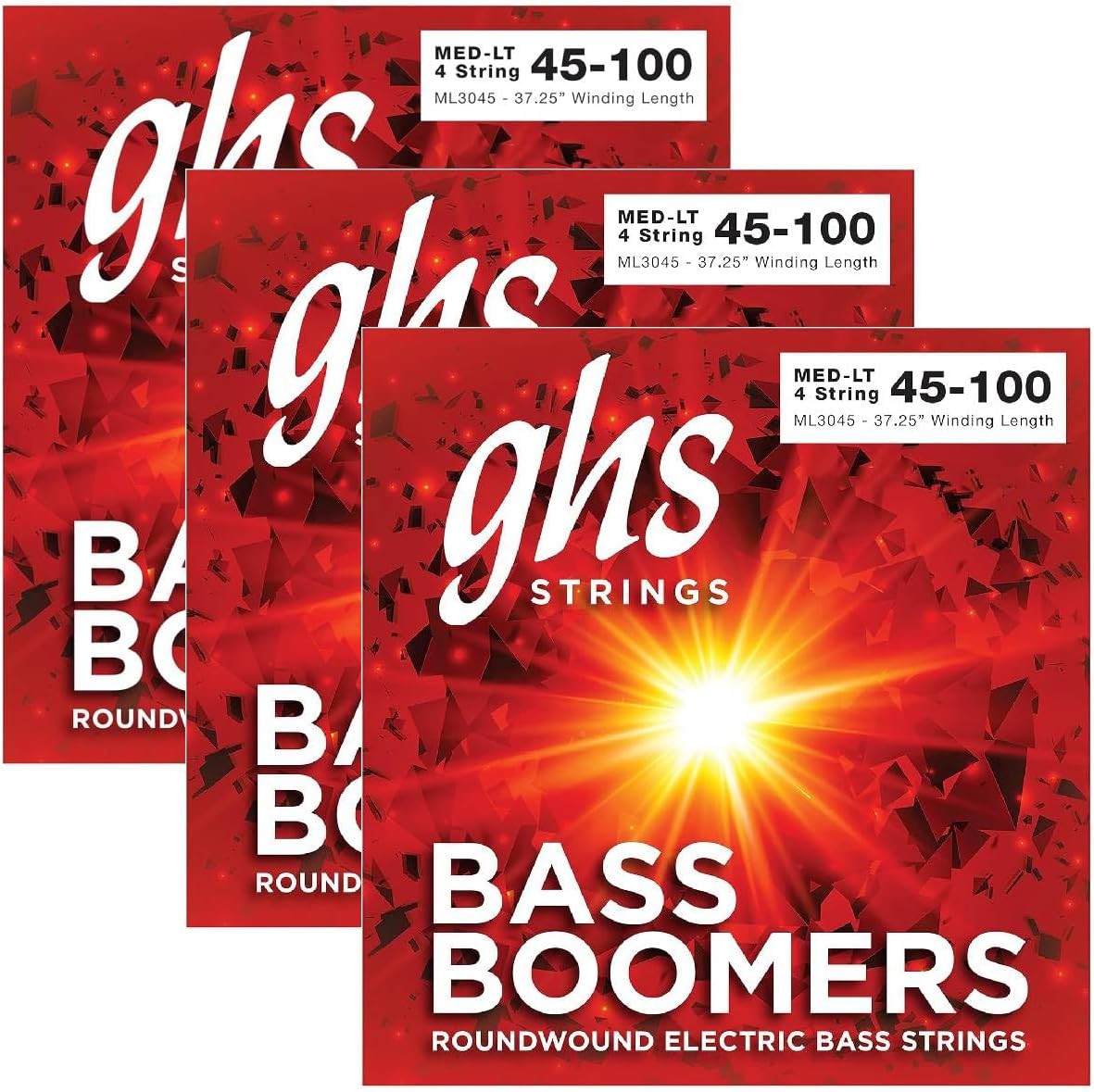 GHS Strings Electric Bass Boomer ML3045 SET (Medium Light Nickel Steel, 4-String, Long Scale, 45-100), Pack of 3