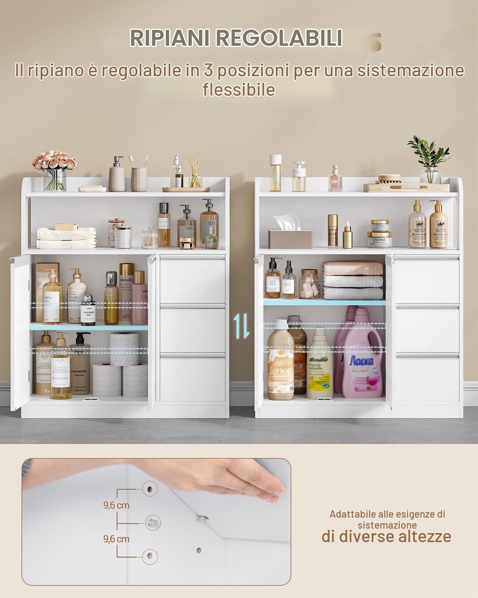 Hzuaneri Mobile Bagno, 2 Anta, 3 cajones, Ripiani Regolabili, Grande Capacità di Stoccaggio, Moderno, per Soggiorno o Bagno, Dimensioni, 30 x 80 x 92 cm, Bianco 5280003X