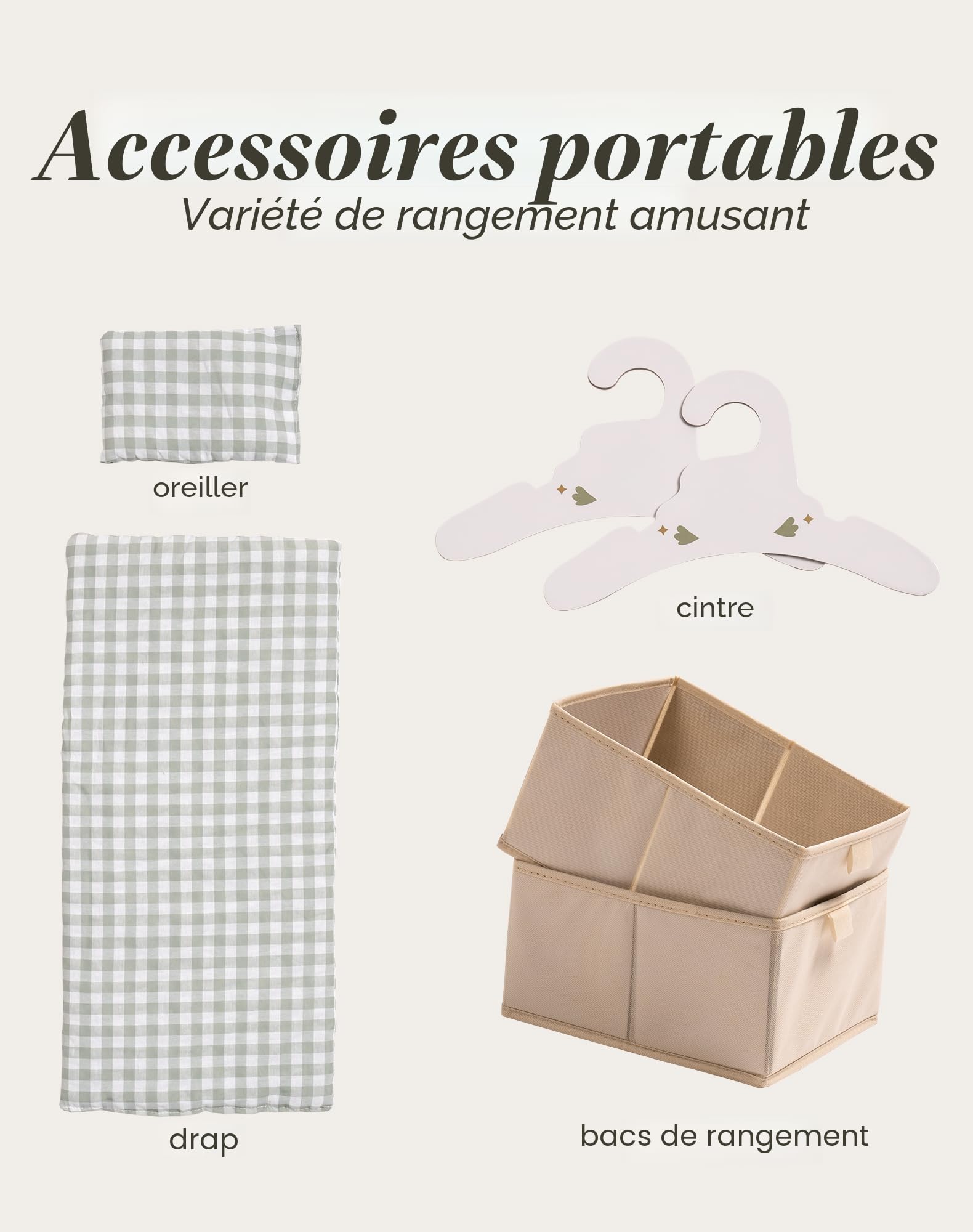 ROBUD Lit de poupée en bois avec armoire, linge de lit, espace de rangement et crochets, pour poupées jusqu'à 51 cm, cadeaux pour filles à partir de 3 ans (vert)