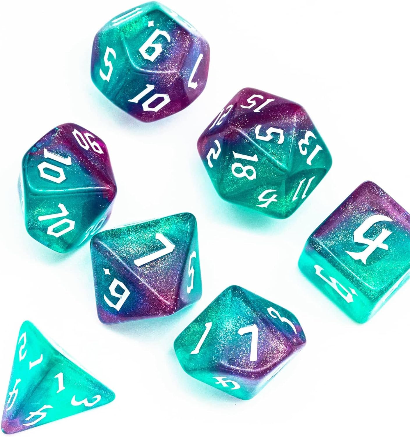7-Die DND Dice Set Polyhedral Dice Set with a Leather Bag, D&D Dice Set for RPG Table Games (Rose Blue w/Glitter)