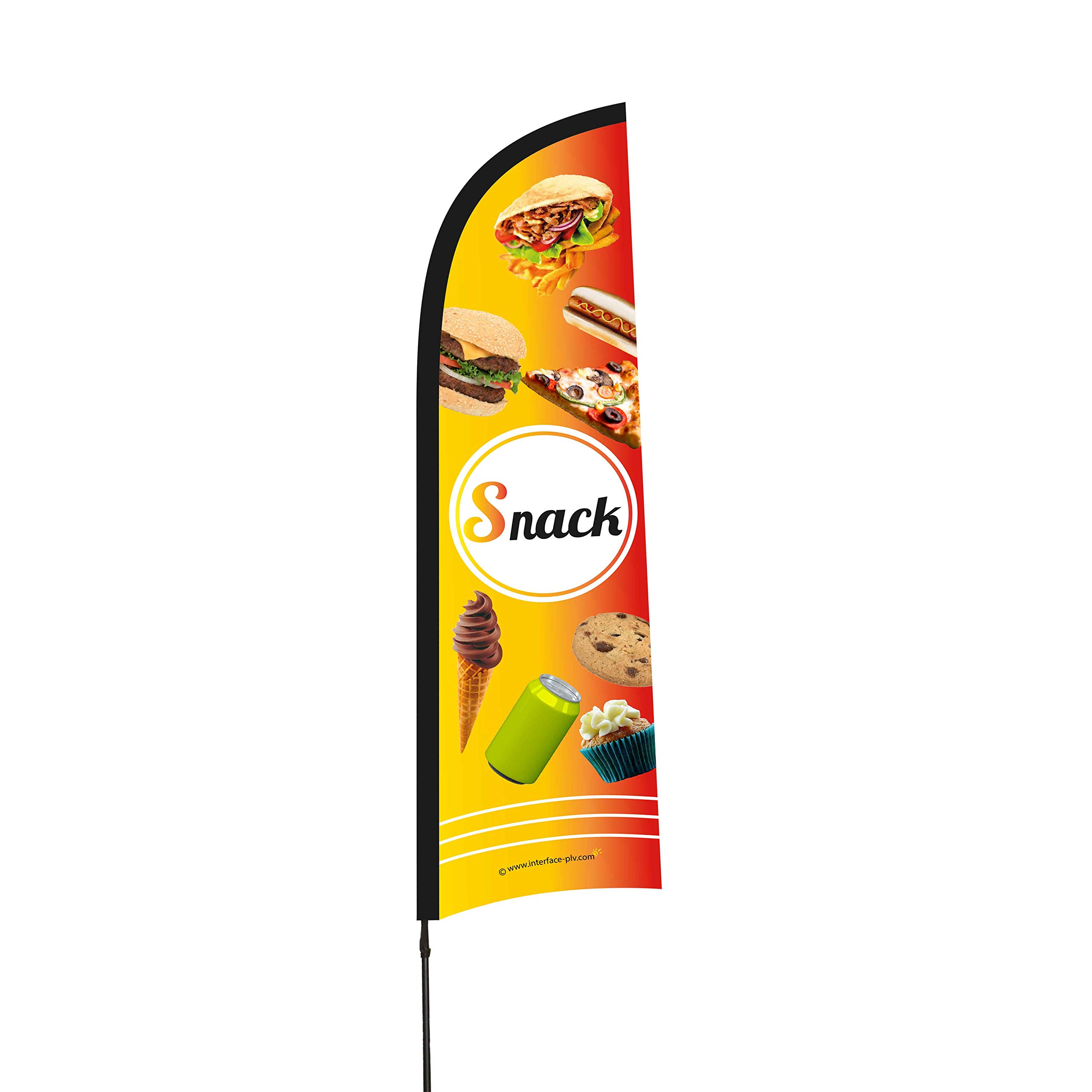 Drapeau publicitaire "Snack" de dimensions 230 x 70 cm avec mât