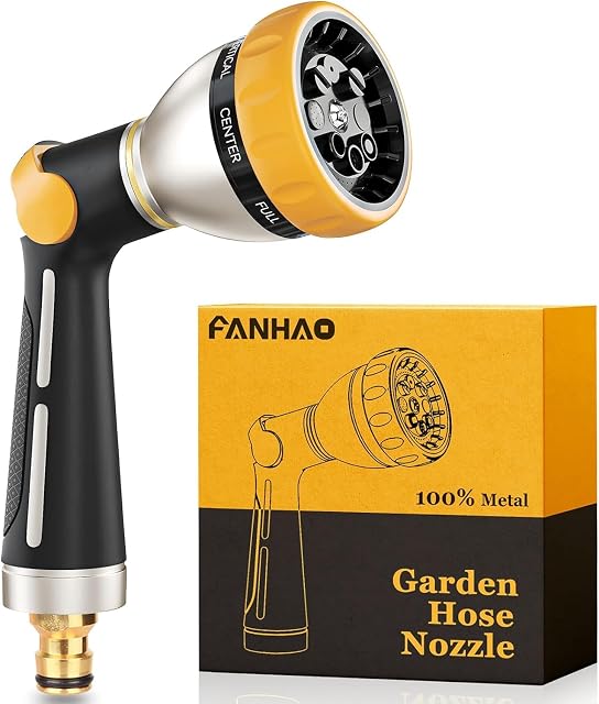 FANHAO Hose Pipe Spray Gun, 100% Heavy Duty Metal Hose Spray Gun with Thumb Control, High Pressure Hose Nozzle with 8 Adjustable Spray Patterns for Watering Plants, Washing Cars and Showering Pets
