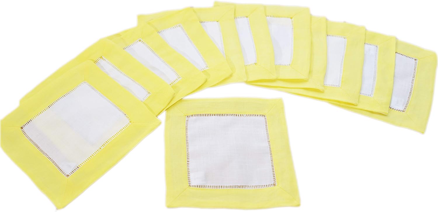 Color TrimsHemstitch Cocktail Napkin (6x6"). White with Color Trims. (12PCS Pack) (Lemon Verbena)