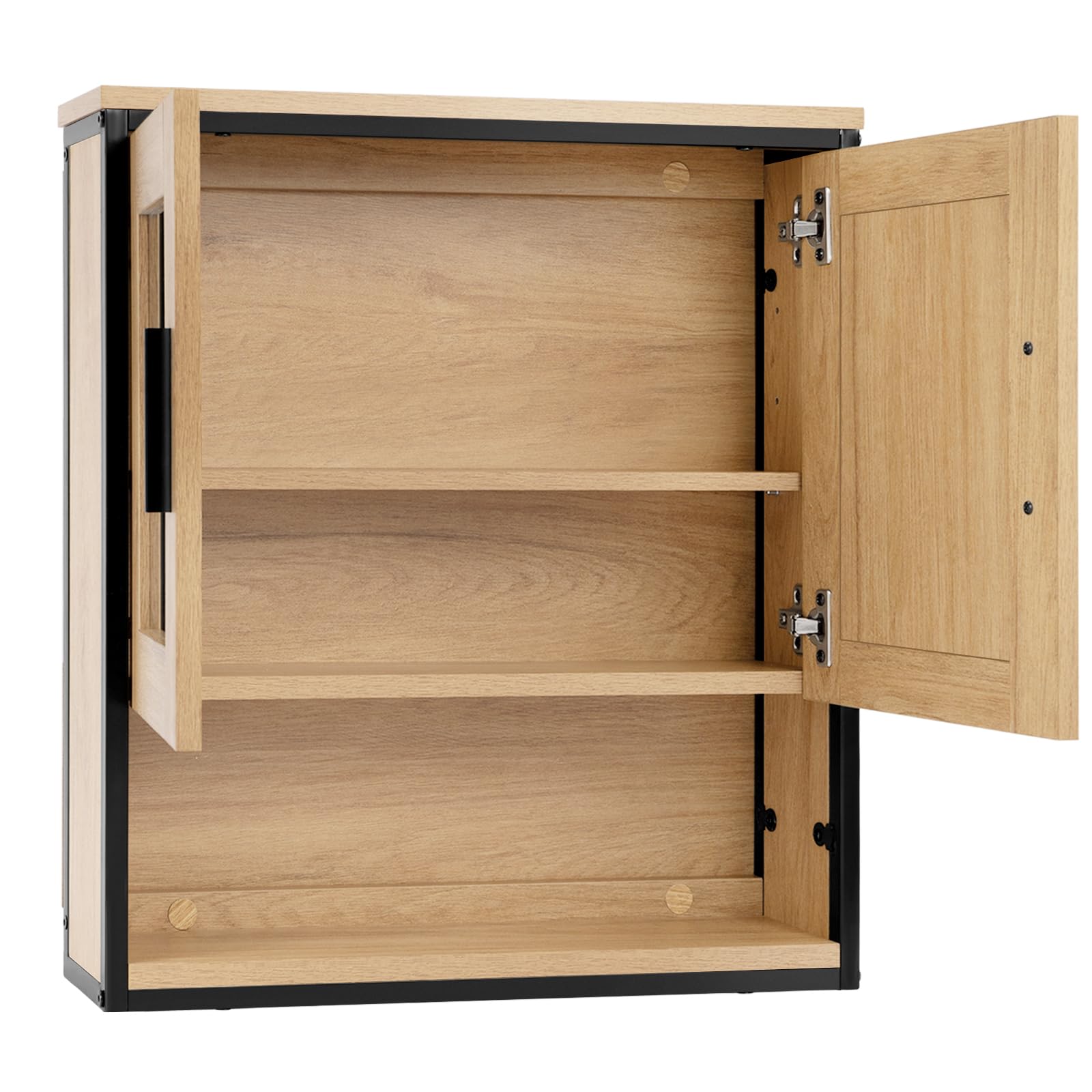 EUGAD Meuble Salle de Bain Mural avec Miroirs, Placard WC avec 2 Portes, 1 Étagère Réglable et 1 Compartiment Ouvert, en Bois d'Ingénierie + Métal, Chêne Clair+Noir, 56x13x60 cm