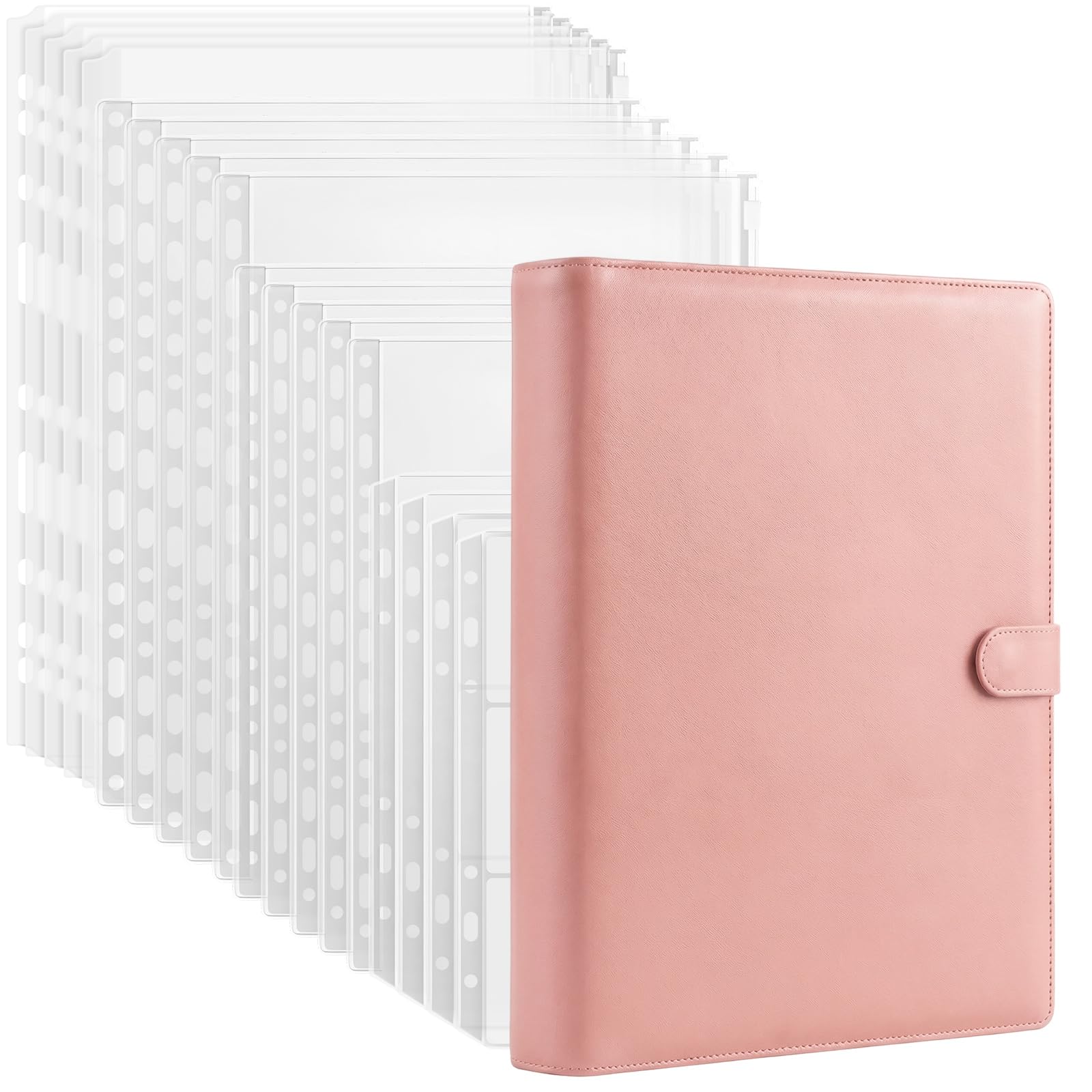 A4 Ring Binder Display Folders, 4 Ring Binder Presentation Folders Storage Book, Leather Folder Waterproof Pockets Organizer with 19 PCS Mix Zipper Binder Pouch Folders for Important Documents&Cash-P