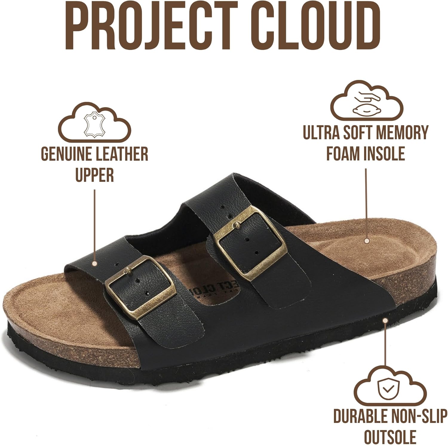Project Cloud 100% Genuine Leather Flat Sandals For Women 2026 Cork Footbed Womens Sandals with Memory Foam and arch support Vacation Essentials Slides for Women Footwear (Venita)