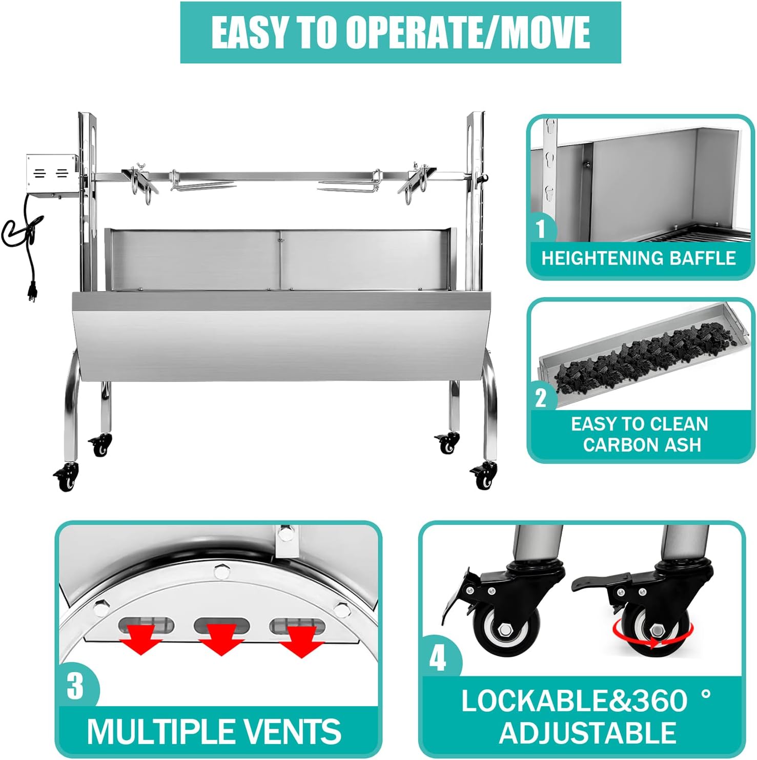 Stainless Steel Rotisserie Grill with Back Cover Guard, Electric 25W Motor Outdoor Cooking Spit Roaster, 48.7 Inch Rated 176 LBS BBQ Whole Pig Charcoal Grill Rotisserie Roaster System