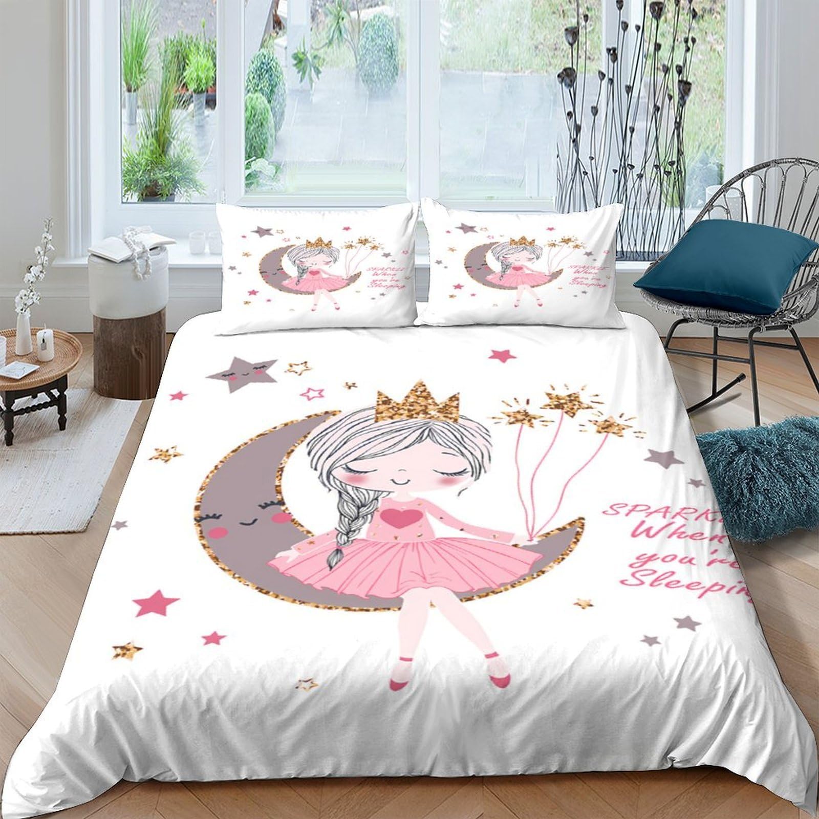 Ctjqhvkz Style-3 3D Printed Princess Moon Fitted Sheet Microfiber Soft Pink Star Bed Cover For Bedroom Dorm Easy Care Single（135X200cm）