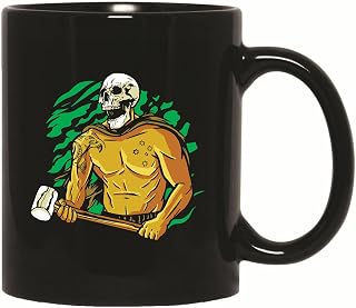 Grim Reaper Skull Character with Fighter Tattoos and Hammer 11oz 15oz Black Coffee Mug