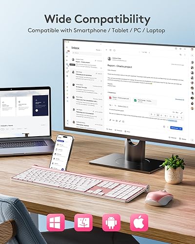 Miniatura 4 de Combo de teclado y mouse inalámbricos, ultra delgado, recargable, modo dual (Bluetooth 5.0 x 2 + 2.4 G), juego de teclado y mouse silenciosos,