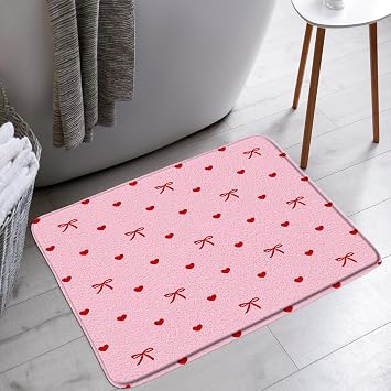 Valentines Bath Mat Pink Red Bow Heart Romantic Sweet Love Modern Bathroom Bathtub Floor Rugs Doormat Toilet Decor,24 x 59 in