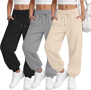 3 Pack Girls Sweatpants Lightweight Athletic Jogger | Teen Girls Baggy Pants, Loose Drawstring Joggers, Kids Workout Trousers, School Casual Clothes, Fall Sweat Baggy Pant, 5-16Y
