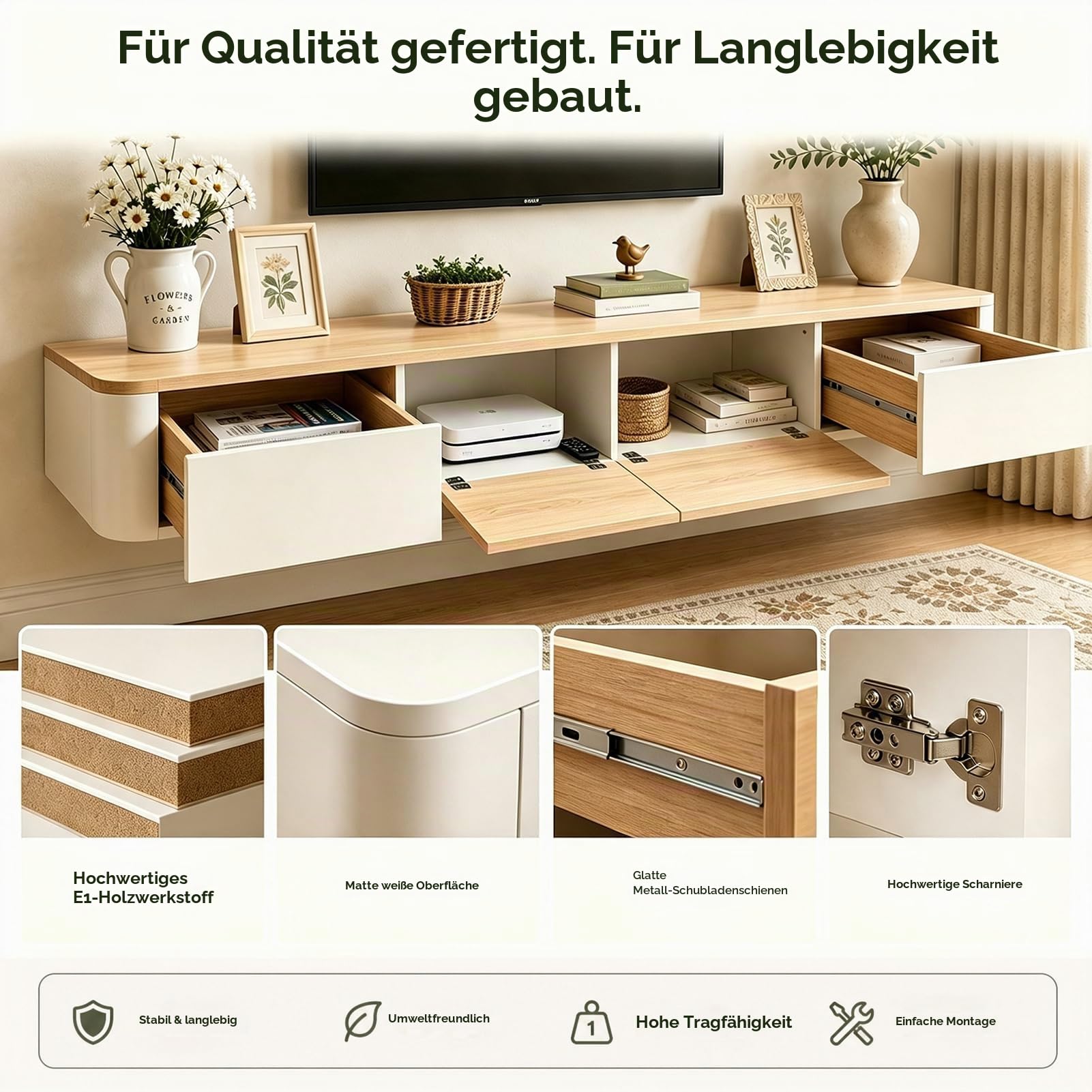 Schwebende TV Schrank 180cm Beige, Modern TV Lowboard Hängend, TV Board Hängend mit 2 Schubladen 1 Klappen Türen & Kabelmanagement, für Wohnzimmer und Esszimmer