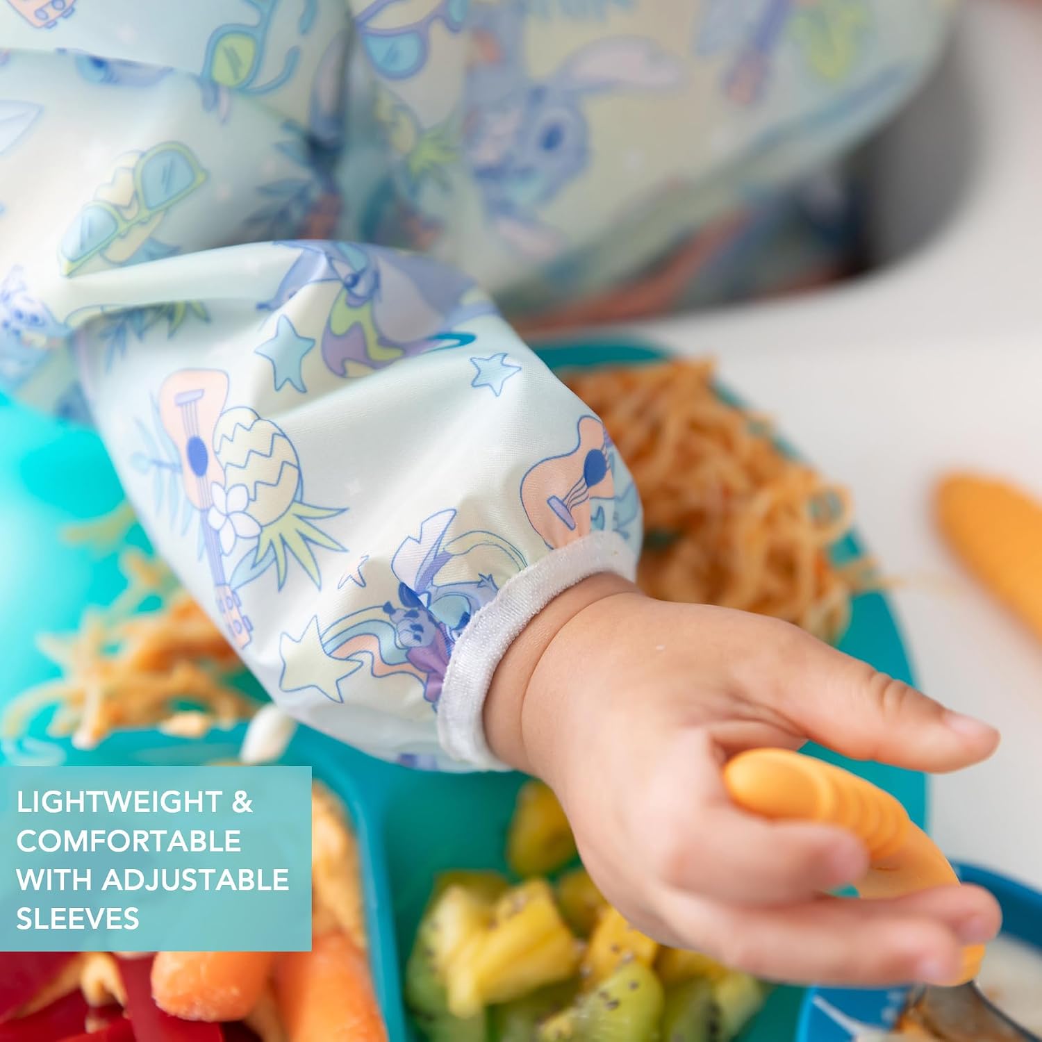 Bumkins Disney Stitch Sleeved Baby Bib – Long Sleeve Waterproof Fabric Feeding Smock with Crumb Catcher Pocket, Adjustable Toddler Apron for Baby Led Weaning, Comfortable for Ages 6–24 Months, 2-pack