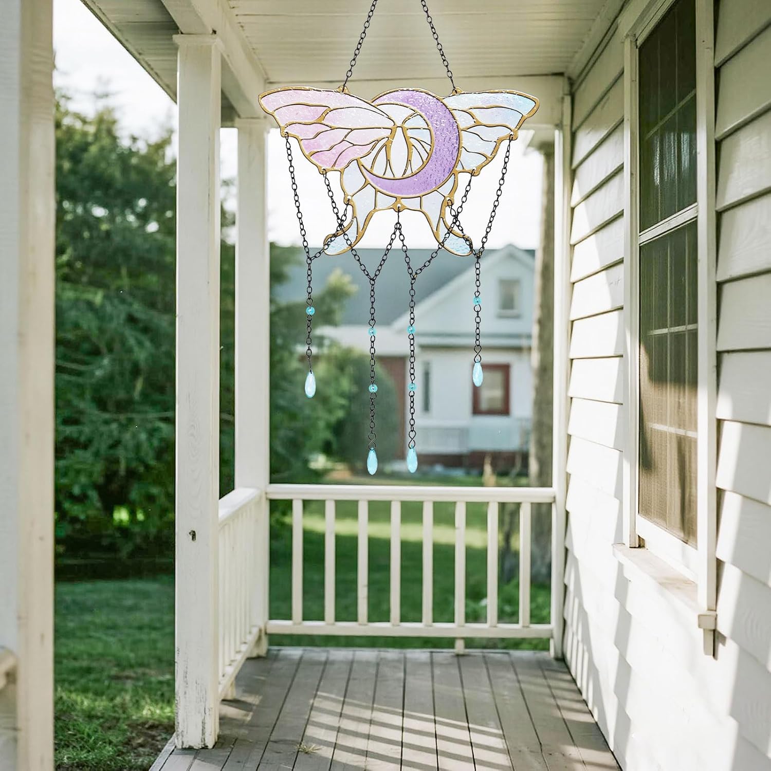 MUMTOP Purple Butterfly Stained Glass Suncatcher - Stained Glass Window Hanging, Ramadan Hanging Ornaments Wall Art Embrace Moon for Home Garden Decor Gift
