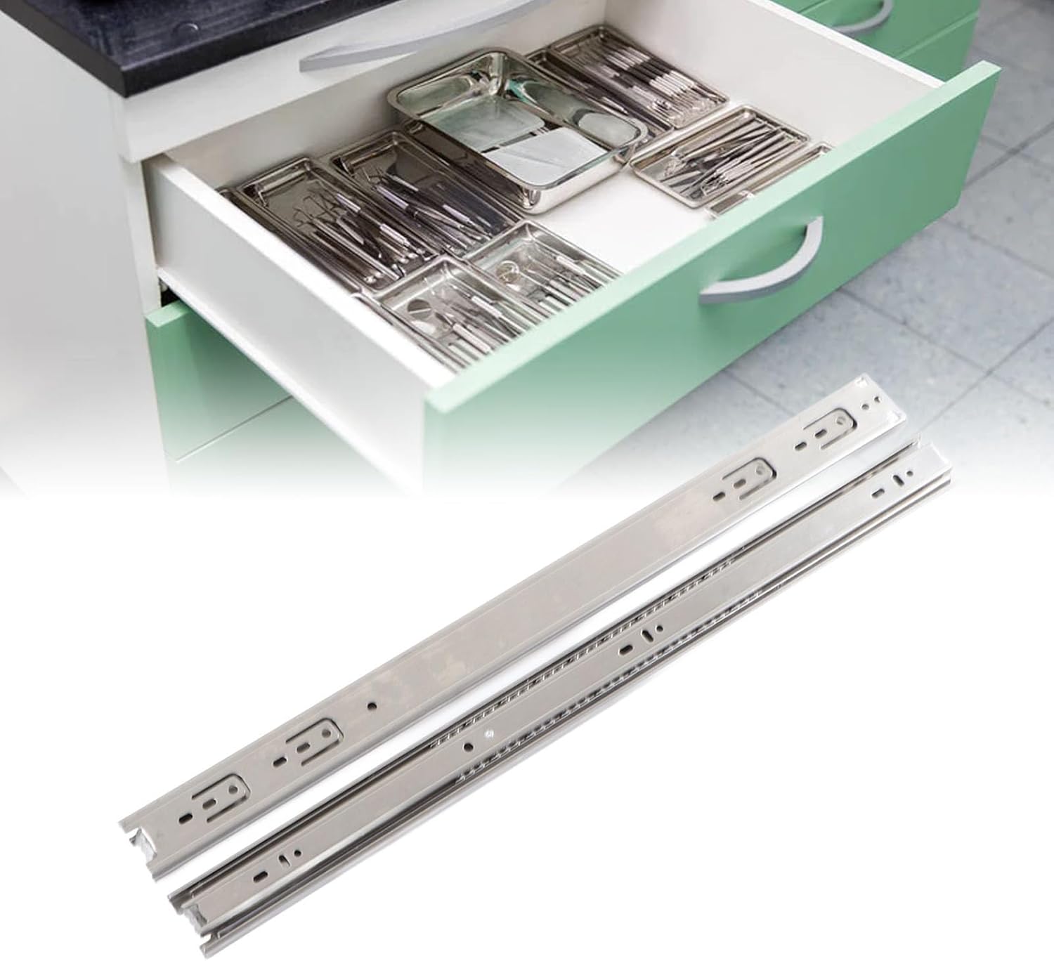 22" Stainless Steel Drawer Slides, Full Extension Heavy Duty, Hydraulic Damping 3-Section Cabinet Drawer Guides for Kitchen,