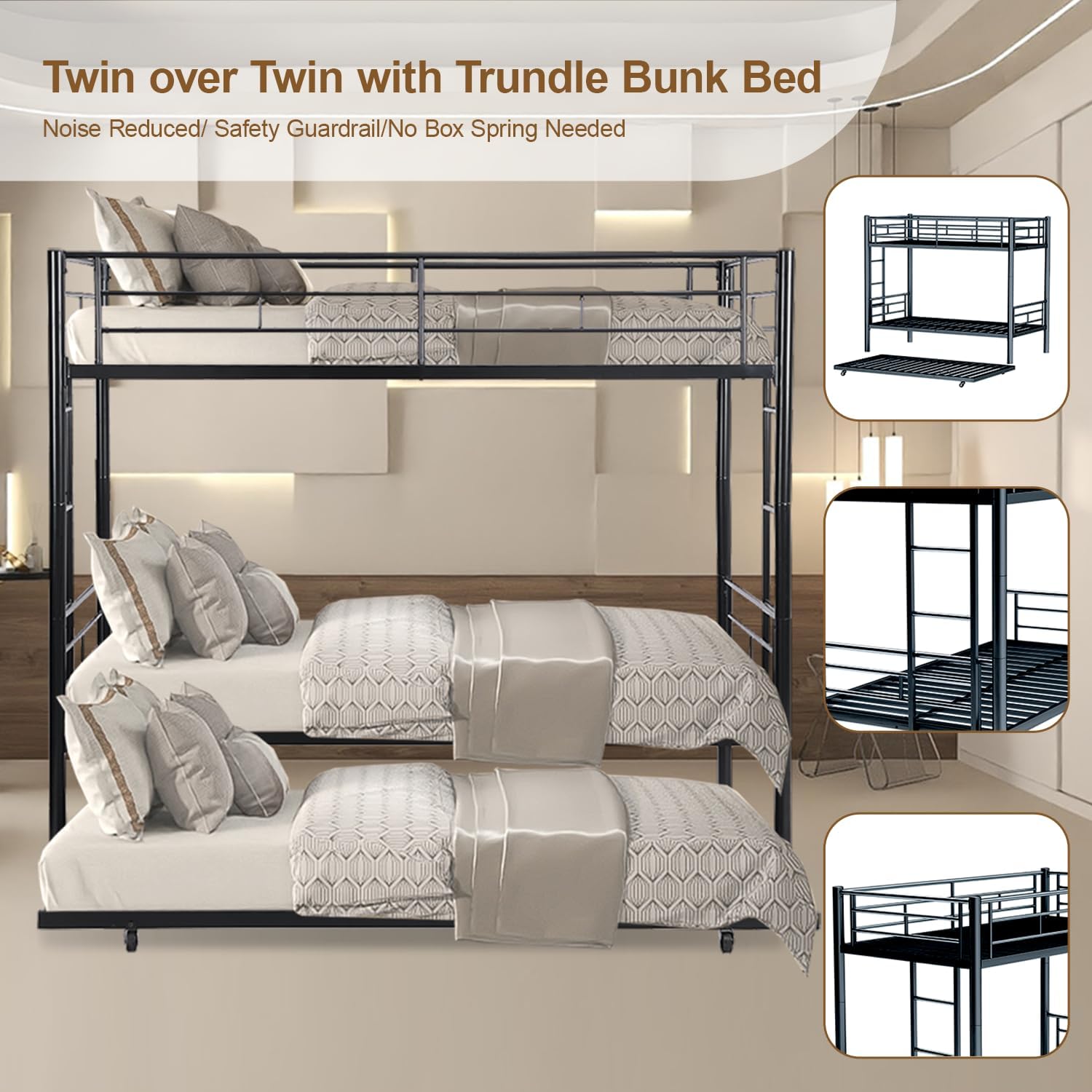 Metal Bunk Bed with Trundle, Twin Over Twin Bunk Bed with Trundle, Metal Bunkbeds with Ladder and Full-Length Guardrail, Noise Free, No Box Spring Needed (Black)