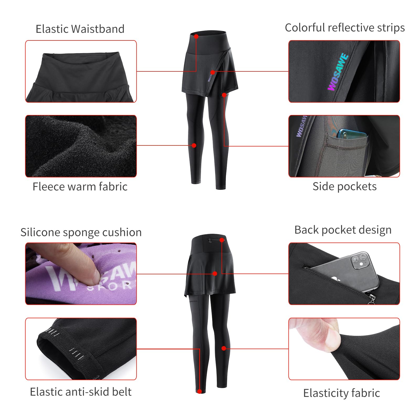 WOSAWE Damen Fahrradhose mit Rock Winter Warm Thermoleggings mit Atmungsaktiv 4D Schwamm Gepolsterte