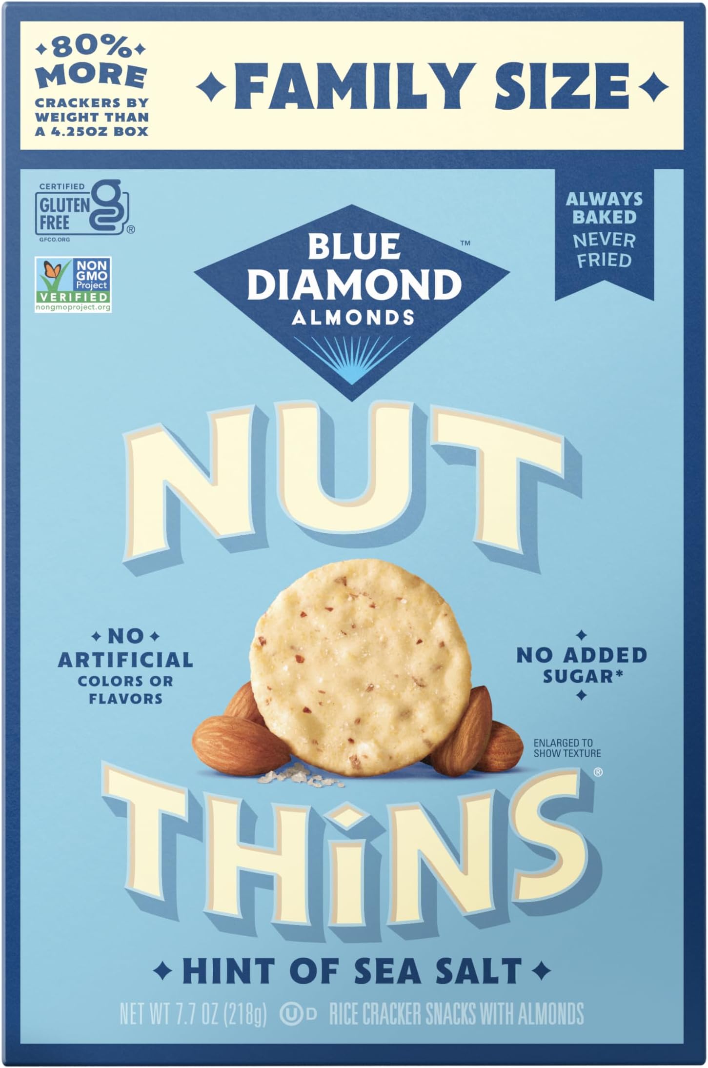 Blue Diamond Almonds Nut-Thins Gluten Free Cracker Crisps, Hint Of Sea Salt, Family Size, Sea Salt, 7.7 oz (Pack of 1)