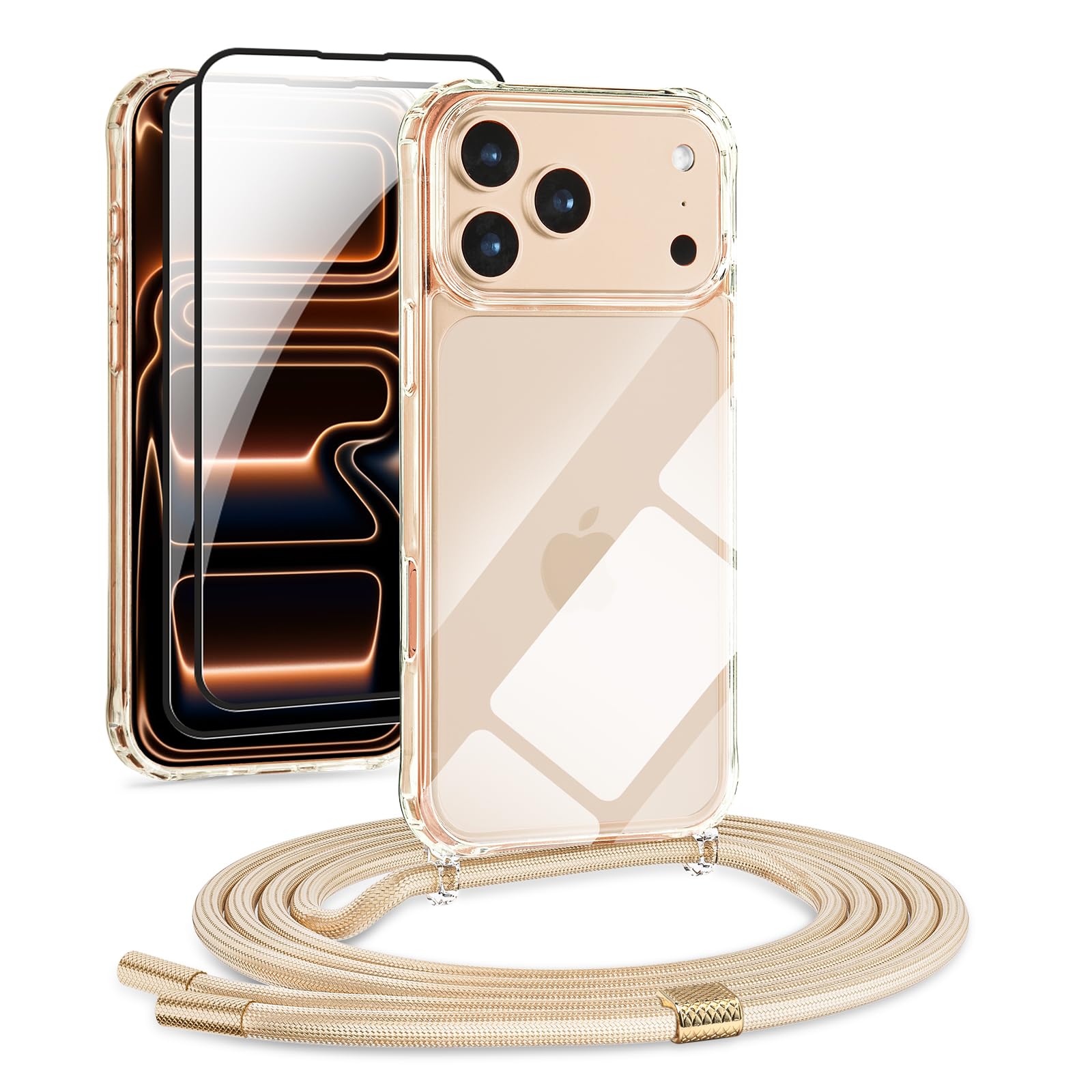 DiDaDi Zestaw 5 w 1 ze smyczką na telefon komórkowy iPhone 17 Pro, etui z paskiem, przezroczyste etui na telefon komórkowy, zdejmowane etui ochronne ze smyczą, 2 x szkło pancerne i folia na obiektyw