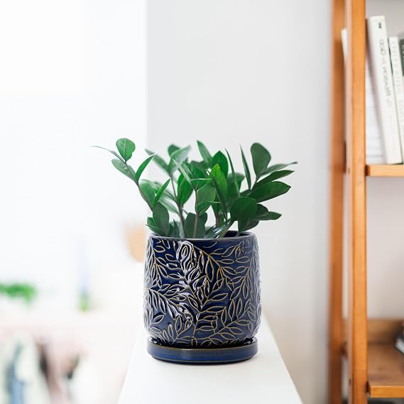 D'vine Dev Embossed Leaves Ceramic Planter, 4 in, Midnight Blue, 27-A-Z-3