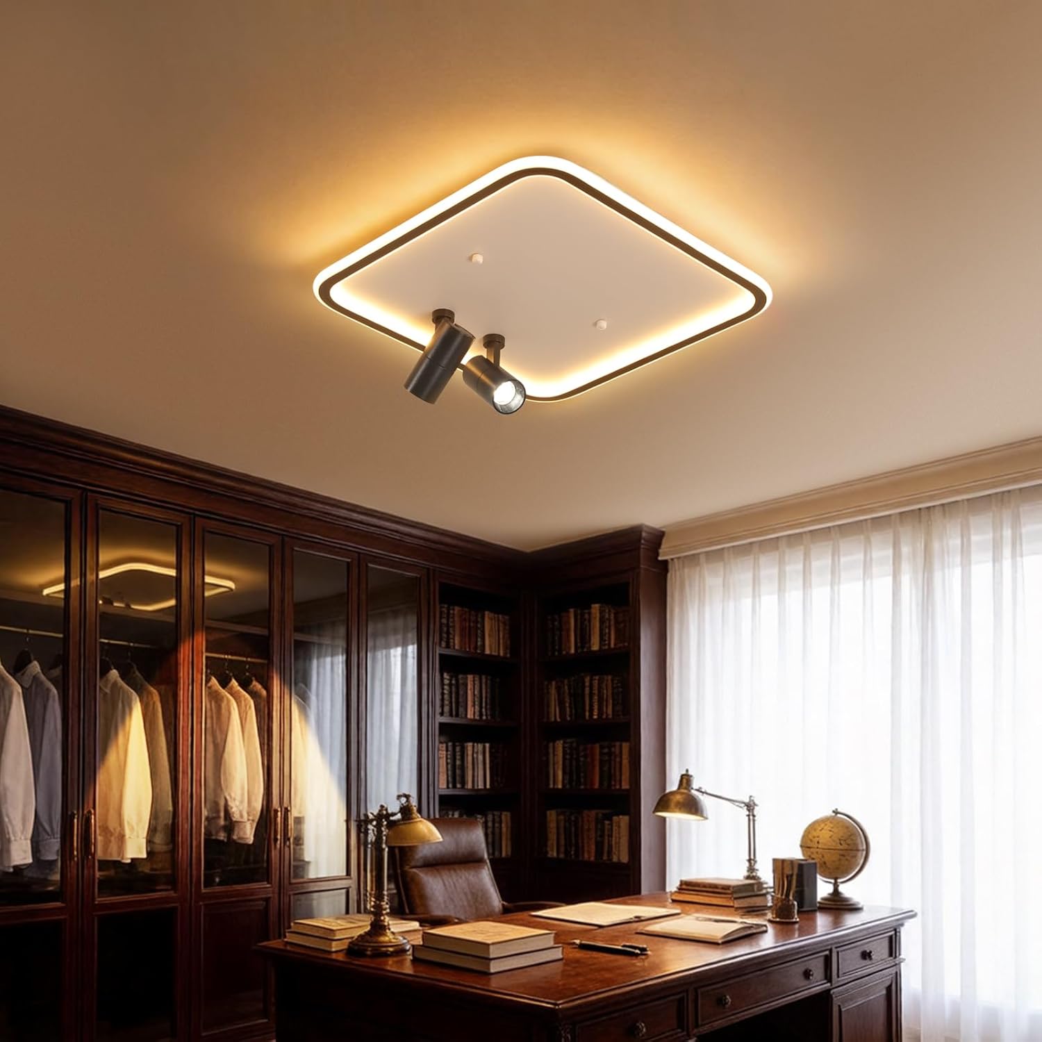 Modern Square LED Flush Mount Ceiling Light Fixture, 2 Adjustable Spotlights, Black Frame White Shade Minimalist Lighting for Living Room Bedroom Kitchen