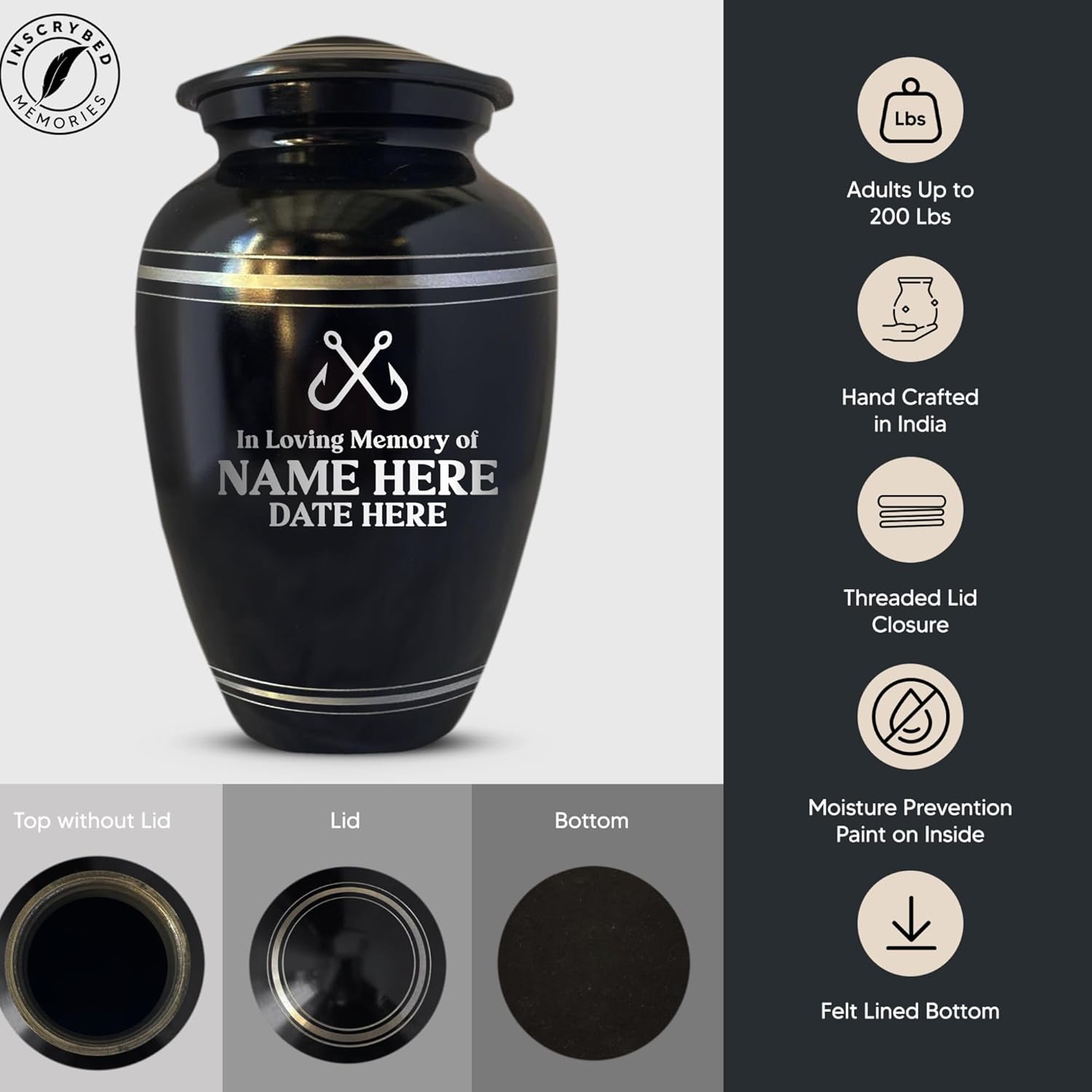 Custom Human Aluminum Cremation Urn for Adult Ashes Men & Women - Engraved with Name & Humorous 2 Hooks Design - Vessel for Fishing Enthusiasts Remains Up to 200 Lbs | Polished Silver Rim
