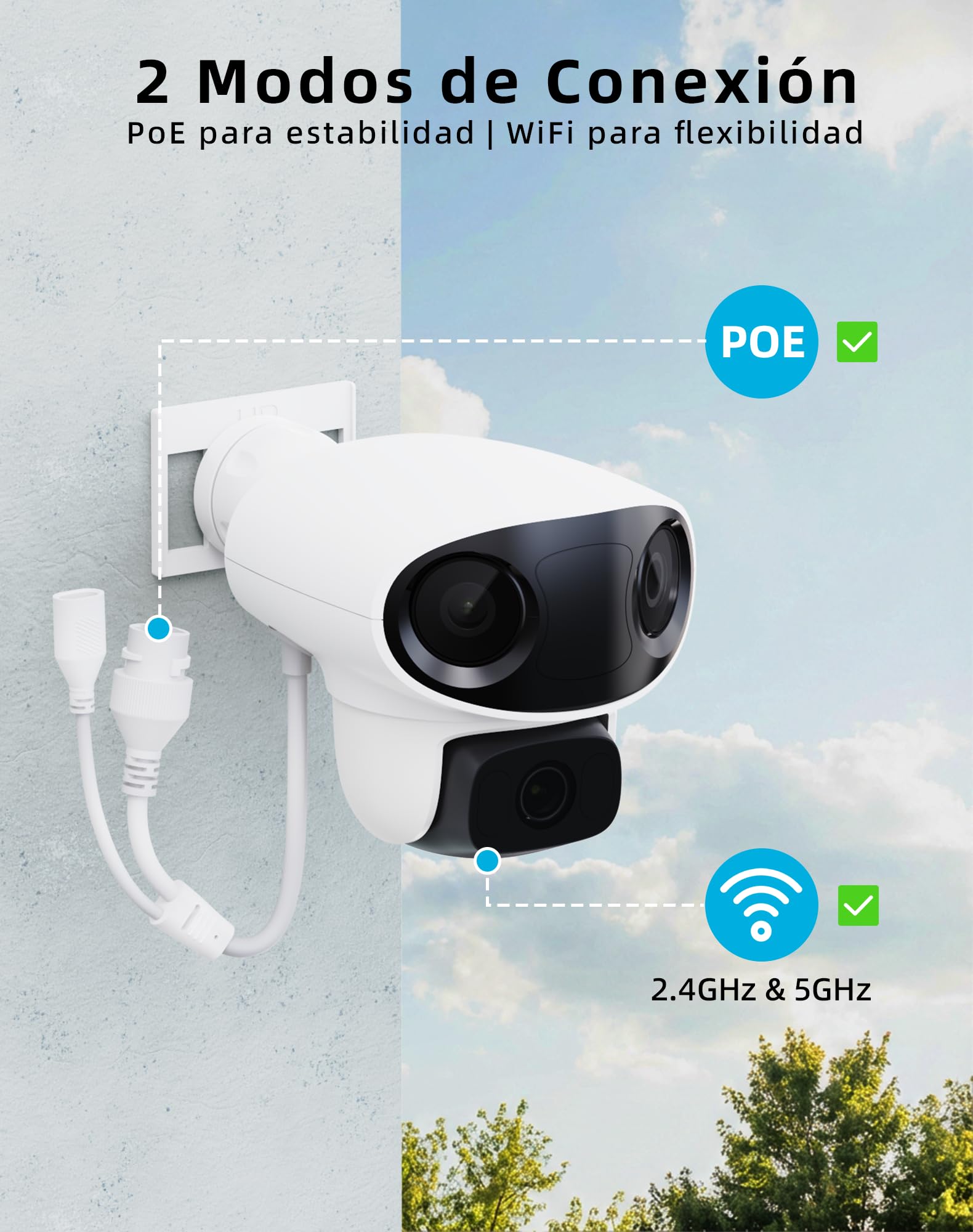 VIRTAVO Cámara de Vigilancia Exterior Tres Ojos, WiFi HD 1080P Visión Nocturna a Color, Audio Bidireccional, Detección PIR, Almacenamiento Nube/Tarjeta SD, Compatible con Alexa 2.4GHz