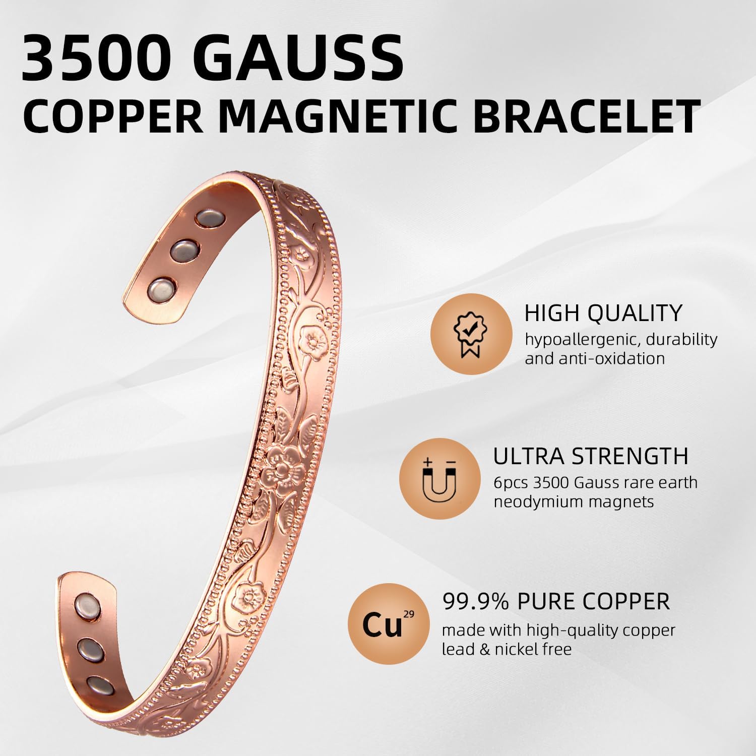 MagEnergy Copper Bracelets for Women, 99.9% Pure Copper Vintage Flower Magnetic Bangle with 3500 Gauss Magnets,Adjustable Cuff Jewelry Gift - Image 2