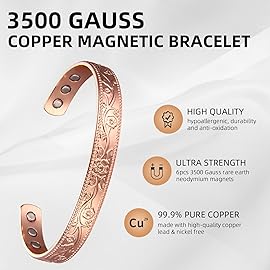 MagEnergy Copper Bracelets for Women, 99.9% Pure Copper Vintage Flower Magnetic Bangle with 3500 Gauss Magnets,6.8 Adjustable Cuff Jewelry Gift(Rose Gold)