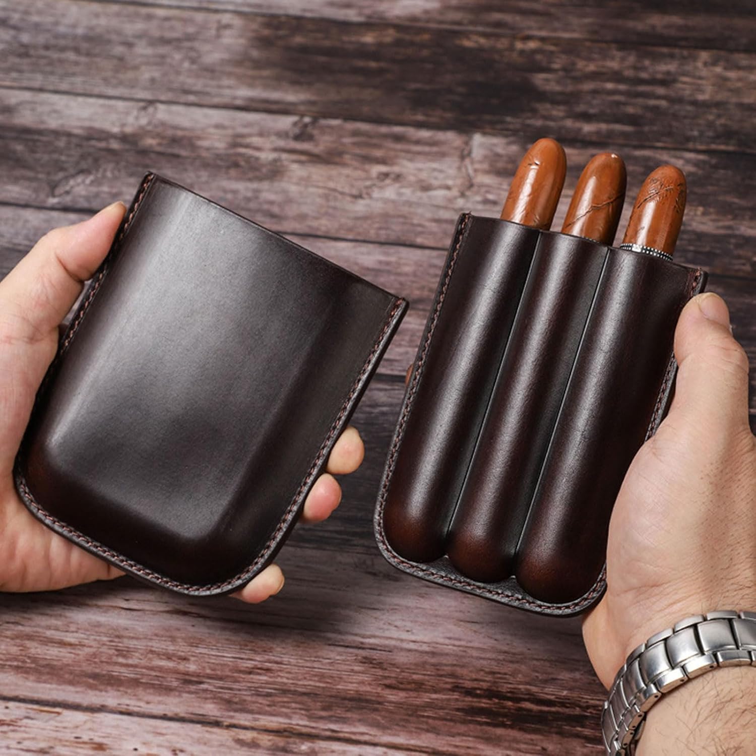 3 Cigar Case Portable Travel Cigar Holder for Up to 60 Ring Gauge Handmade Leather with Smooth Finish Compact Cigar Travel Accessory (Black)