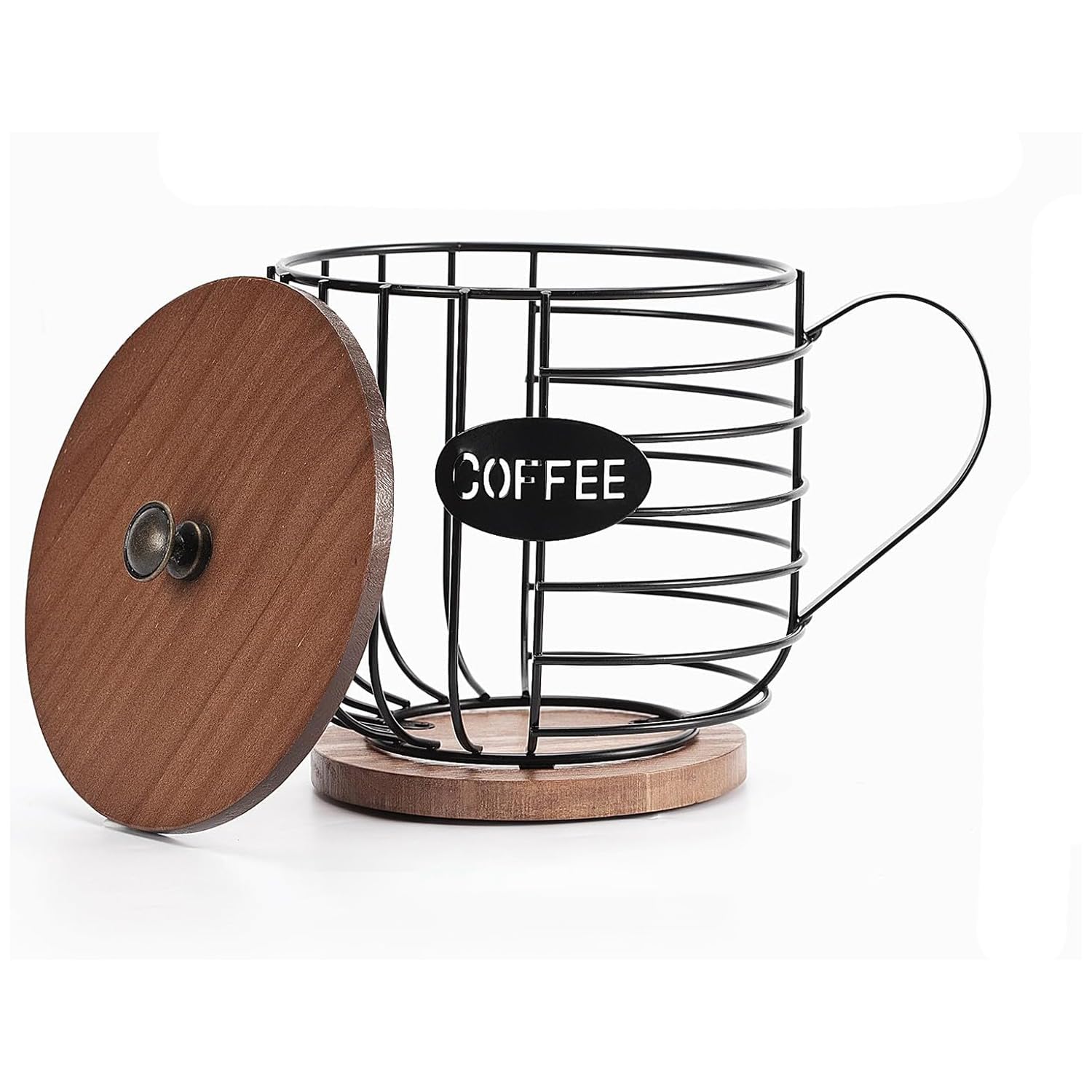 CTRLZS Rustic Coffee Pod Holder K Cup Storage Basket Round Coffee Basket Decor with Wooden Lid for Kitchen Countertop for Pods