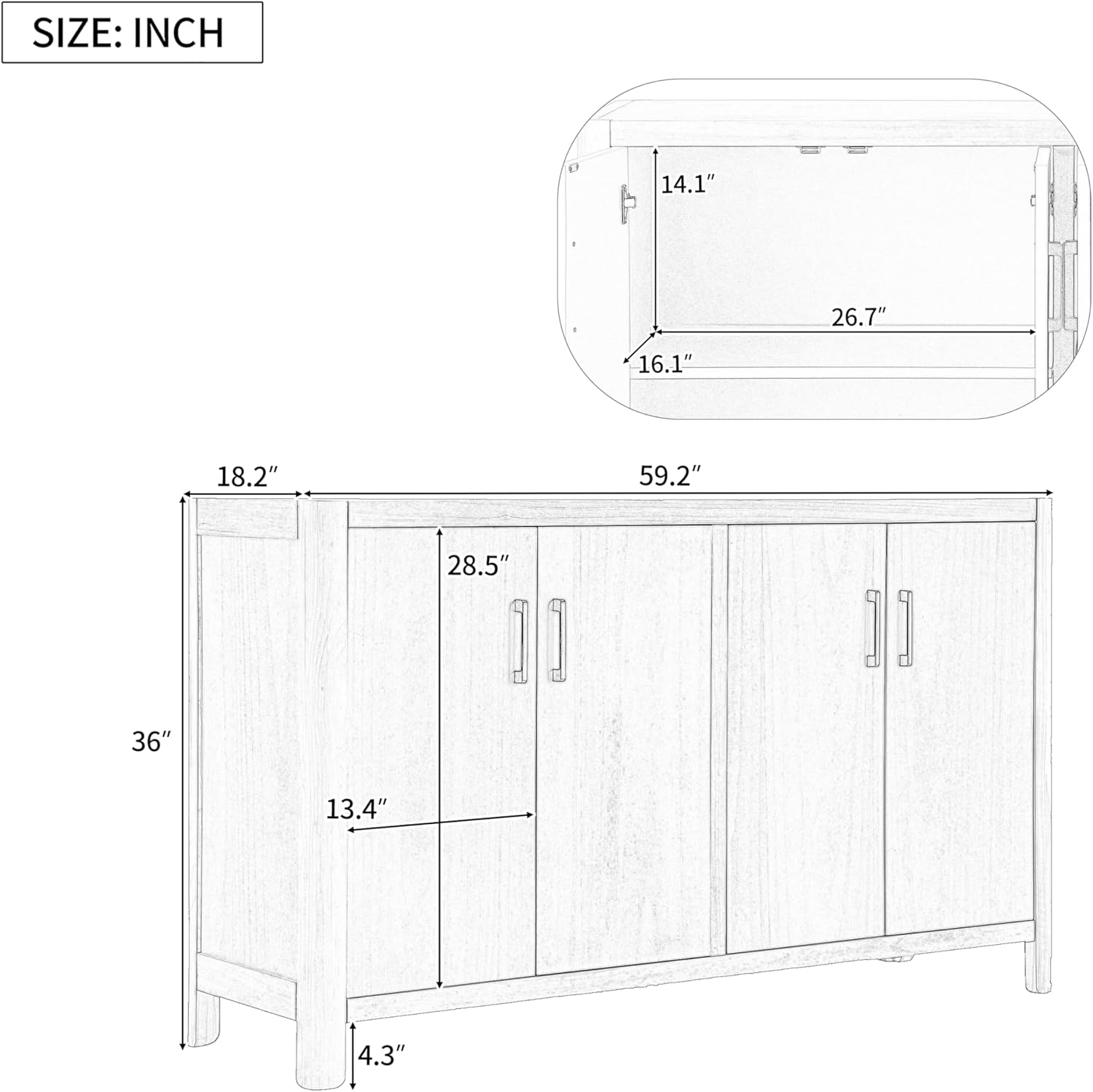 Farmhouse Style 4-Door Cabinet with Natural Finish, A Rustic Accent Sideboard for Entryways or Small Spaces, Black