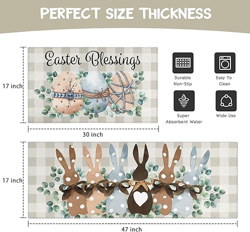 Miniatura 3 de Xsinufn Juego de 2 alfombras y tapetes de cocina de Pascua, huevos de conejito de Pascua, conejo, antideslizantes, lavables, decoración para el