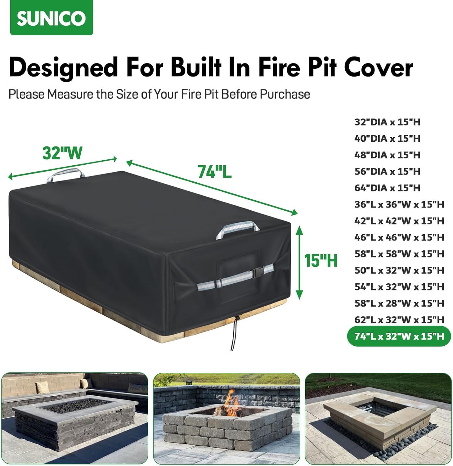 Rectangular Built In Stone Fire Pit Cover For In Ground Firepit, Outdoor Fire Pit Cover with Adjustable Buckle, UV Resistant Waterproof Built In Stone Firepits 74"L x 32"W x 15"H