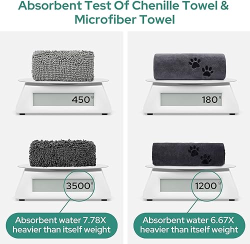 Miniatura 4 de HOMEIDEAS Juego de 2 toallas para perro, chenilla y microfibra, toalla de baño suave súper absorbente con bolsillos para las manos para secar