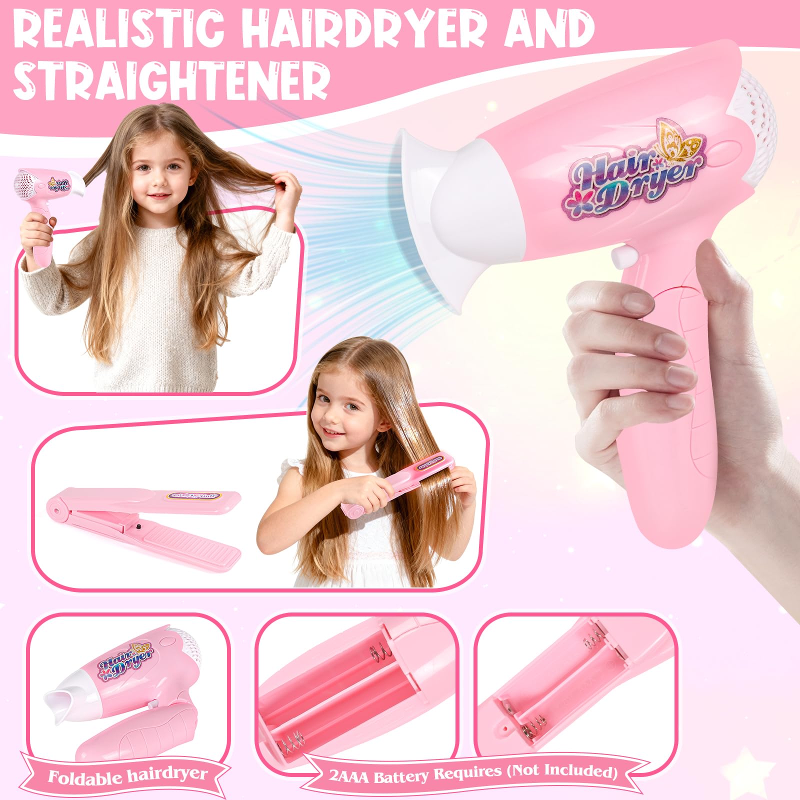 44Pcs Hair Styling Doll Head Toys for Girls, Kids Makeup Hair Salon Pretend Play Styling Kit with Hairdryer, Straightener, Beauty Hair Toy Christmas Birthday Gift for Toddler Girls 3 4 5 6+