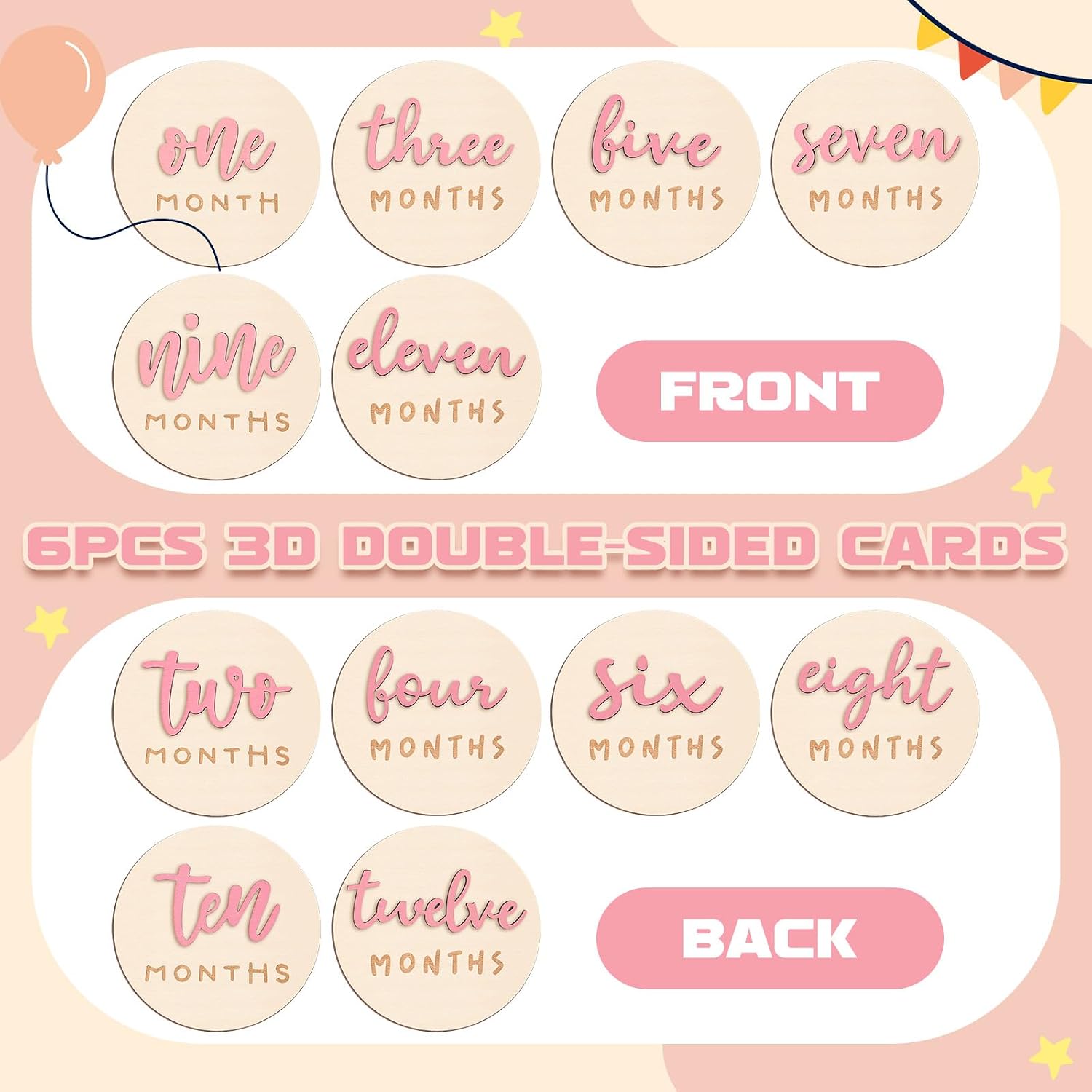 Booson 6 Pack 3D Pink Monthly Baby Milestone Announcement Sign with 2 Pack Bow Headbands Double Sided Newborn Signs Wooden Discs for Welcome Newborn Shower Boy Girl Photo Props