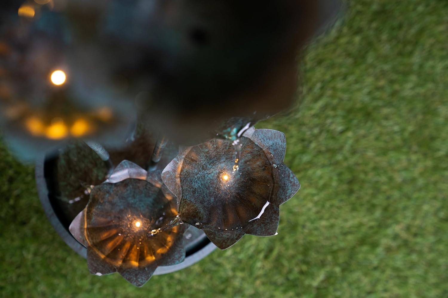 Metal Lily Flower Pouring INTO Bucket Fountain W/ 5 WW LED Copper Green