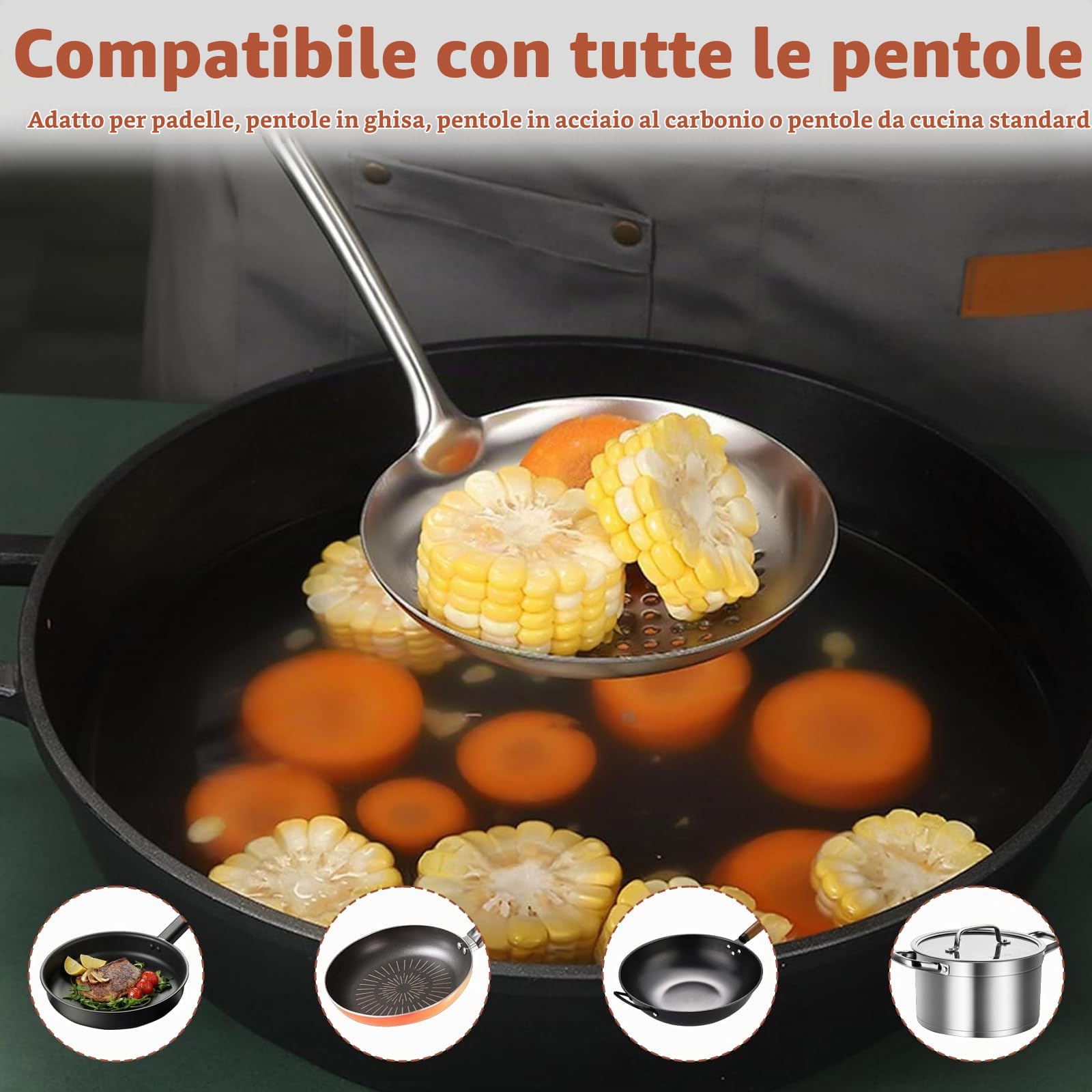 Set Utensili Cucina 6 Pezzi, Mestoli Cucina Acciaio Inox con Mestolo, Schiumarola, Tornitore Con Intaglio, Paletta Cucina, Mestolo da Zuppa, Server per Pasta (Manico In Legno)
