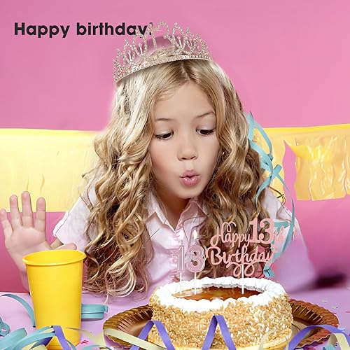 Miniatura 8 de Decoraciones de cumpleaños número 13 para niñas, incluyendo banda de cumpleaños, tiara de corona de diamantes de imitación de oro rosa, decoración