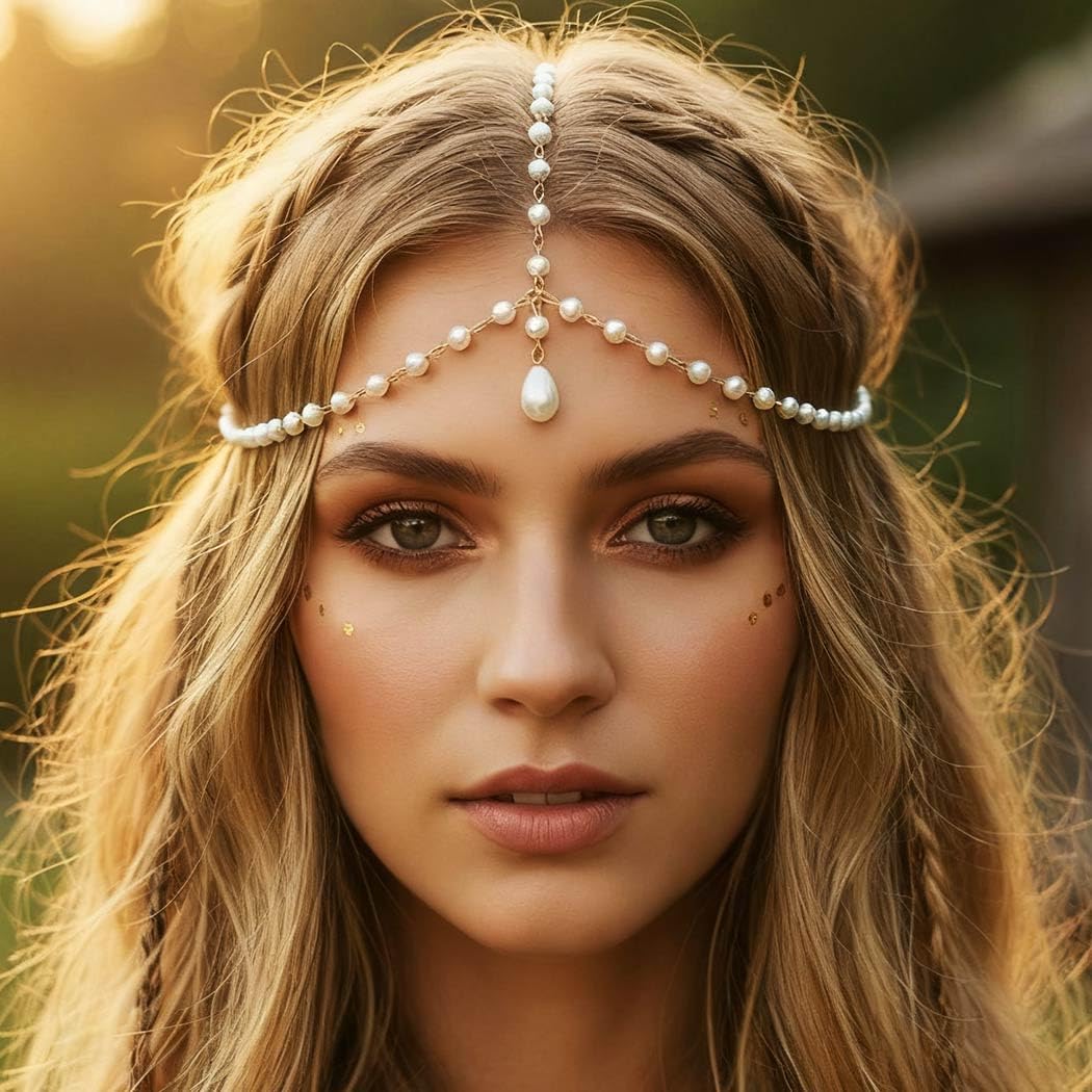 CAKURE Boho Pearl Head Chain Gold Bridal Headpiece Jewelry Bride Wedding Hair Accessories for Women