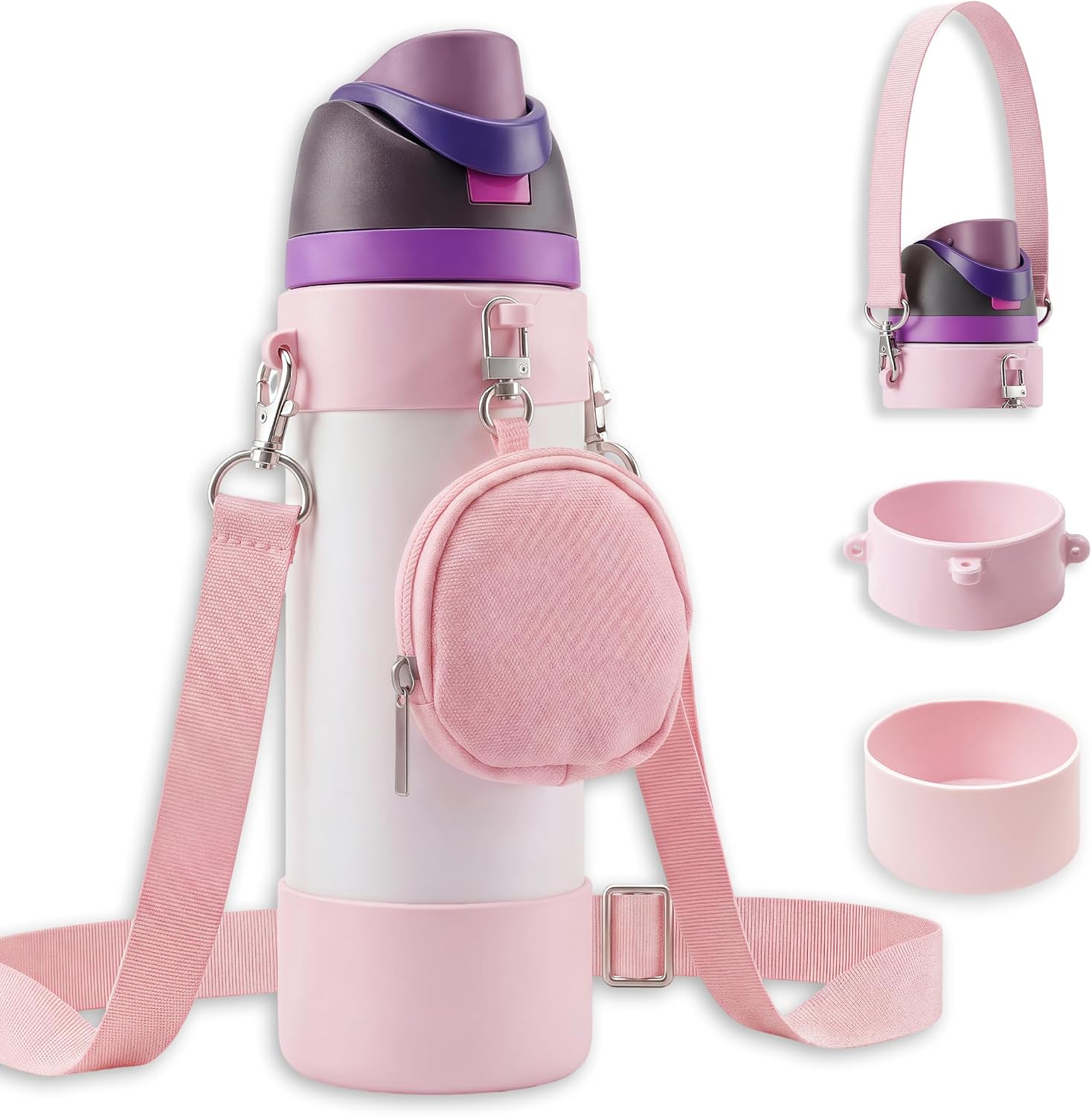 Pink Water Bottle Strap Handle Holder Carrier Compatible with Owala FreeSip 24oz, Crossbody Shoulder Sling for Carrying with Silicone Boot and Pouch Bag, Owala Water Bottle Accessories