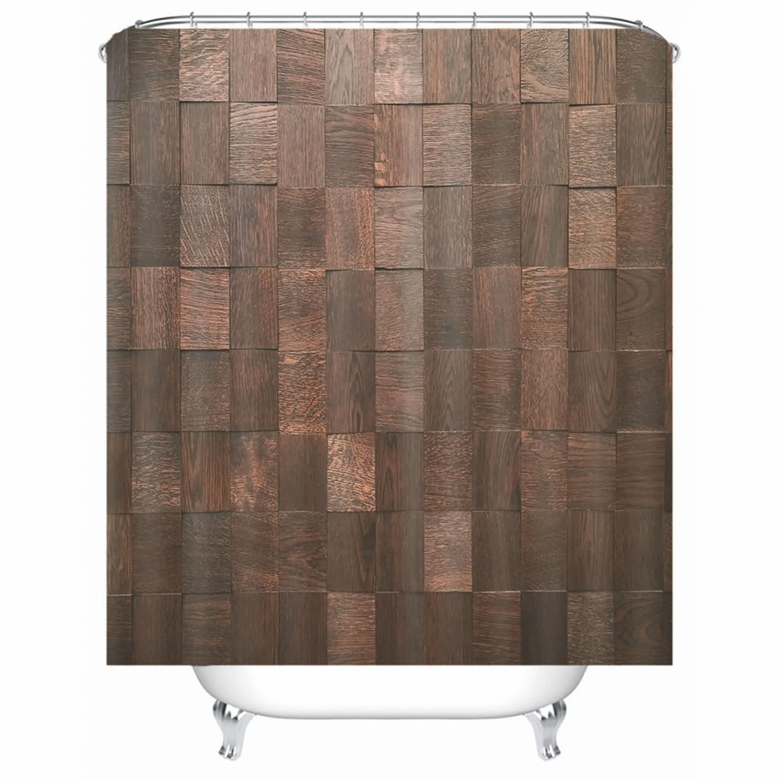 Rideau de douche marron en polyester effet bois avec anneaux