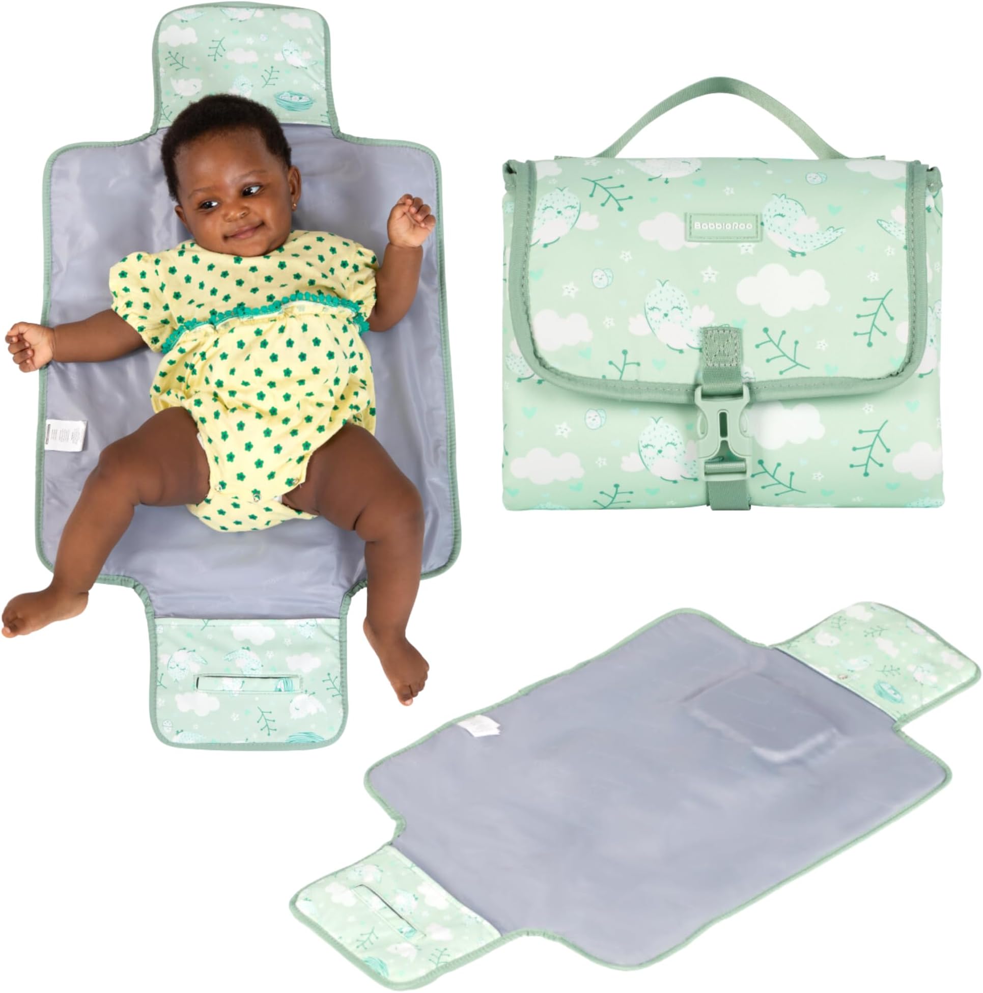 BabbleRoo Baby Changing Pad - Comfortable Portable Changing Pad, Compact, Fits in Any Diaper Bag - Lightweight and Soft with Cute Designs, Convenient Pockets, Extra Head Support – Sage Green Birdy