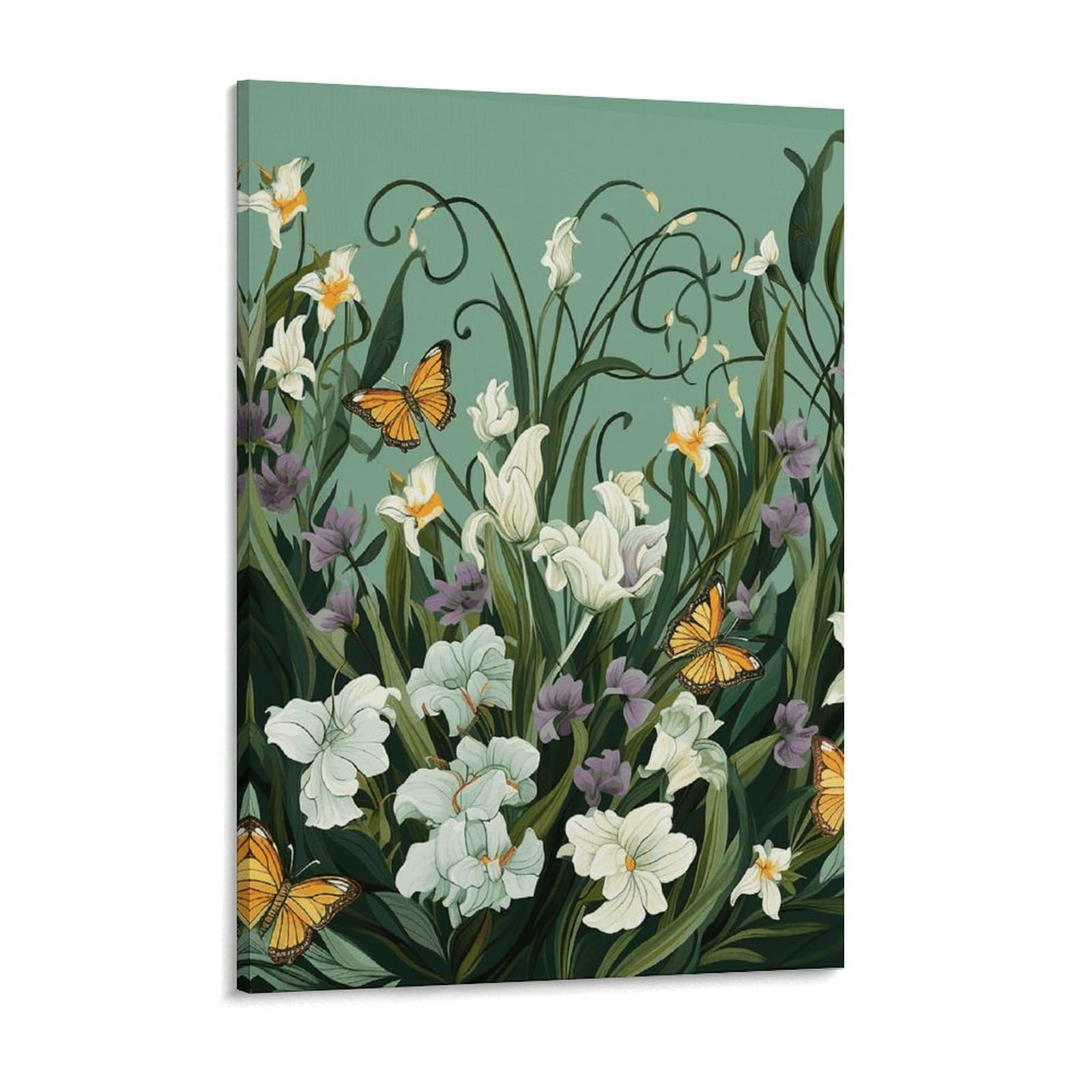 NTVOWPZO Flowers And Butterflies on Green Background Canvas Wall Art for Bedroom 12x16inch Canvas Prints Artwork for Walls Modern Picture Artwork Painting for Living Room Aesthetic Wall Paintings for
