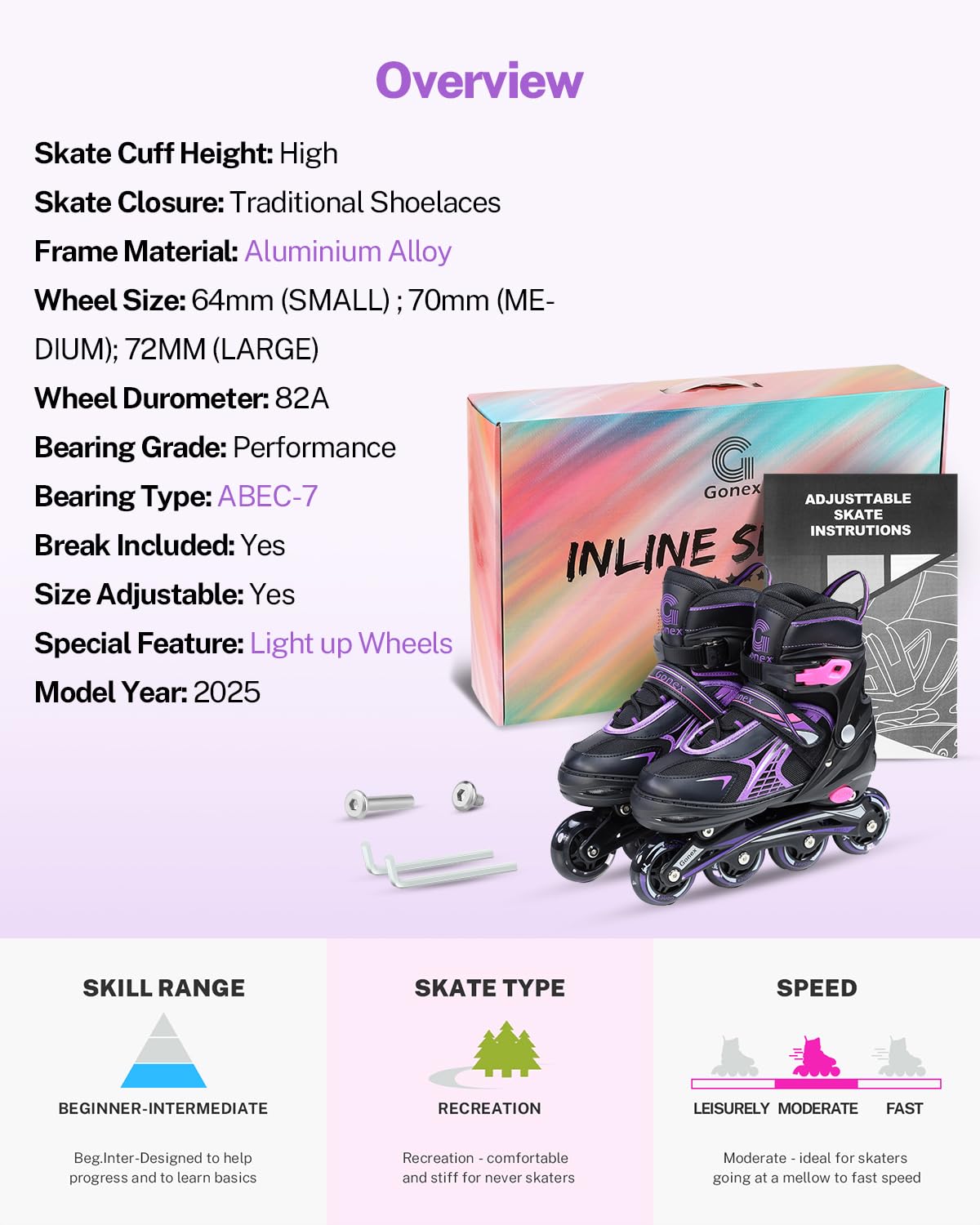 Gonex Rollers en Ligne Taille Réglable de 31 à 42 Roue Brillant pour Enfant Fille Garçon Femme et Homme Adolescent Débutant