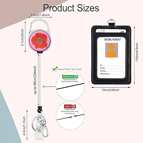 Miniatura 8 de Carrete retráctil de alta resistencia con mosquetón giratorio de 360 y soporte vertical de piel sintética, llavero retráctil, bonito soporte para