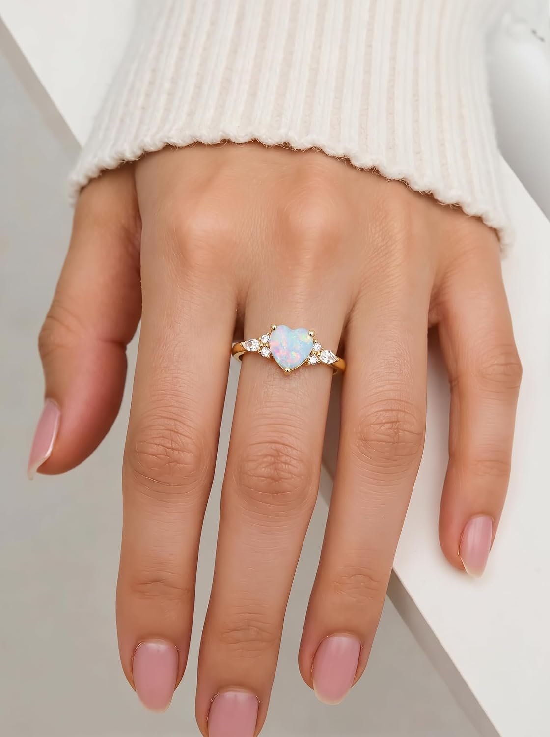 1.25 Carat (ctw) Opal Rings for Women 925 Sterling Silver Heart Cut Opal Engagement Promise Rings Genuine White Opal with Moissanite Wedding Anniversary Ring for Her