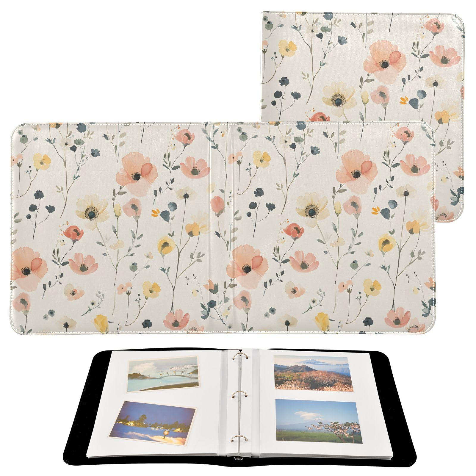 JIPONI Pink Flower Watercolor Large Photo Album, DIY Leather Cover Scrapbook Albums for 4x6 5x7 6x8 Pictures, Self Adhesive Memory Book for Wedding, Baby, Family